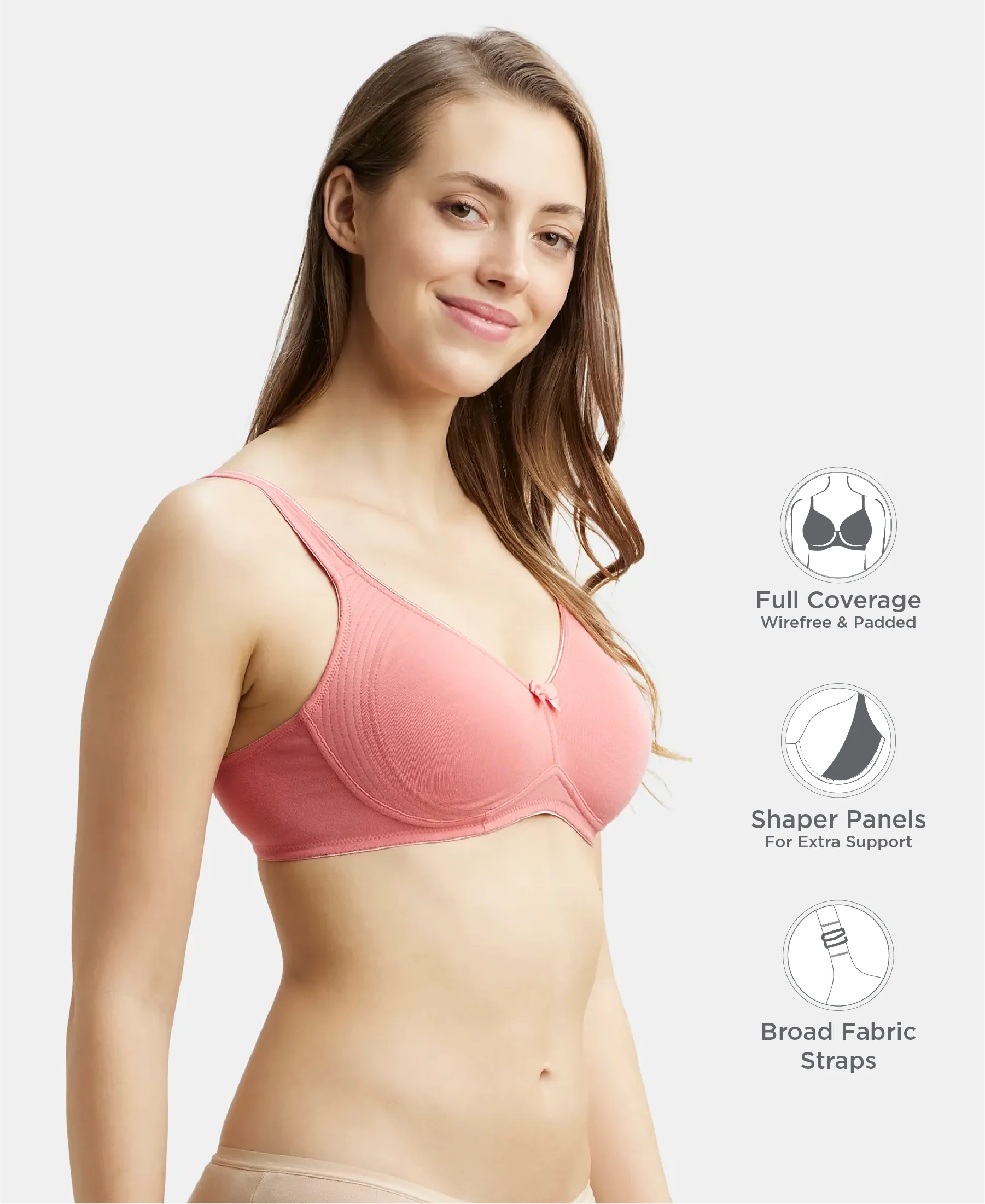 Wirefree Non Padded Plus Size Super Combed Cotton Elastane Stretch Full Coverage Everyday Bra with Contoured Shaper Panel and Adjustable Straps - Rose Wine - Image 2