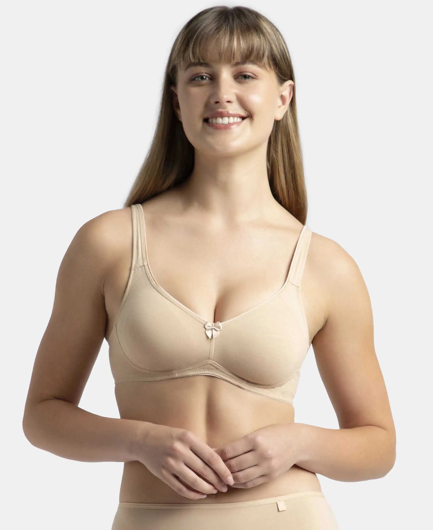 Wirefree Non Padded Plus Size Super Combed Cotton Elastane Stretch Full Coverage Everyday Bra with Contoured Shaper Panel and Adjustable Straps - Skin