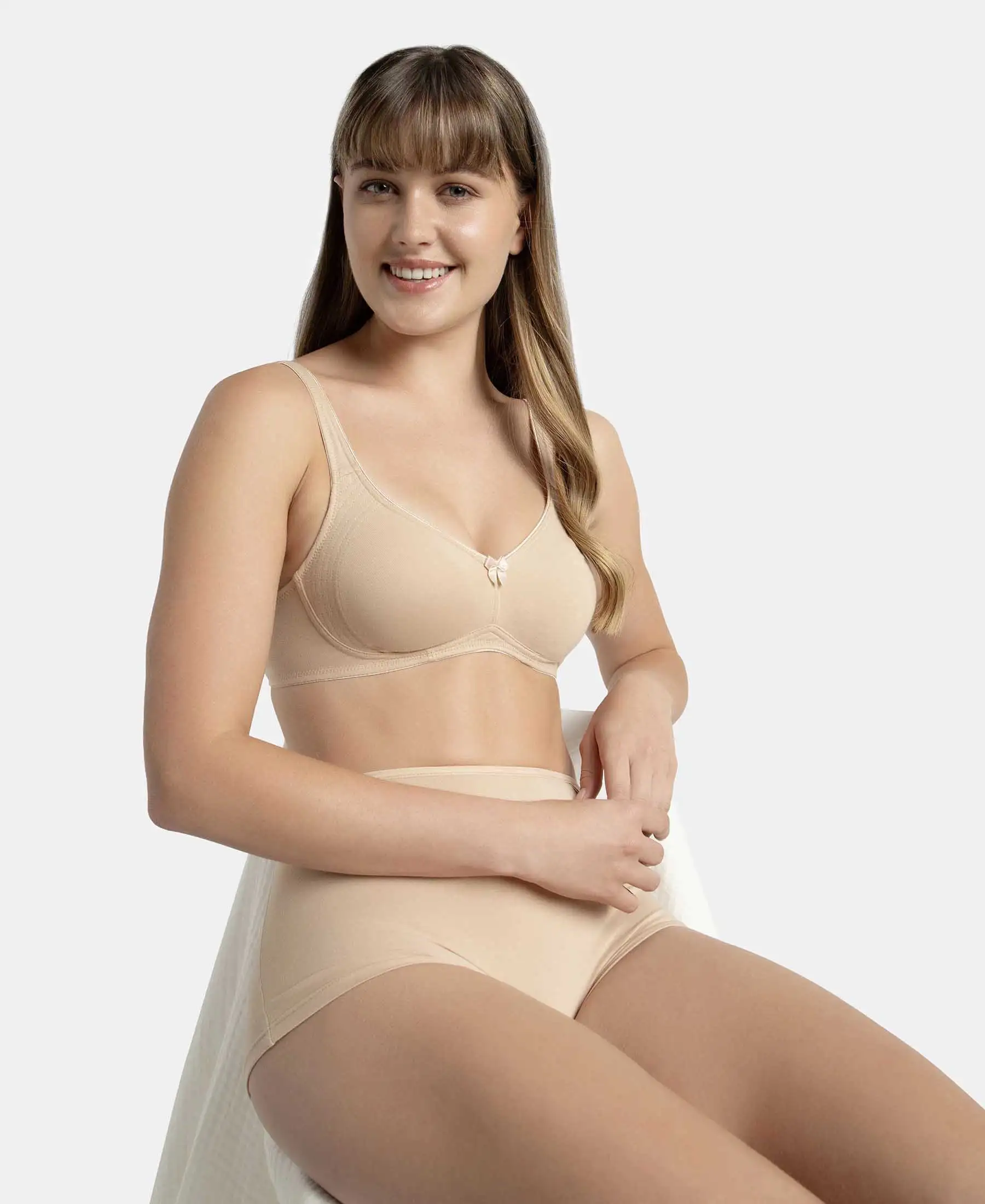 Wirefree Non Padded Plus Size Super Combed Cotton Elastane Stretch Full Coverage Everyday Bra with Contoured Shaper Panel and Adjustable Straps - Skin - Image 5