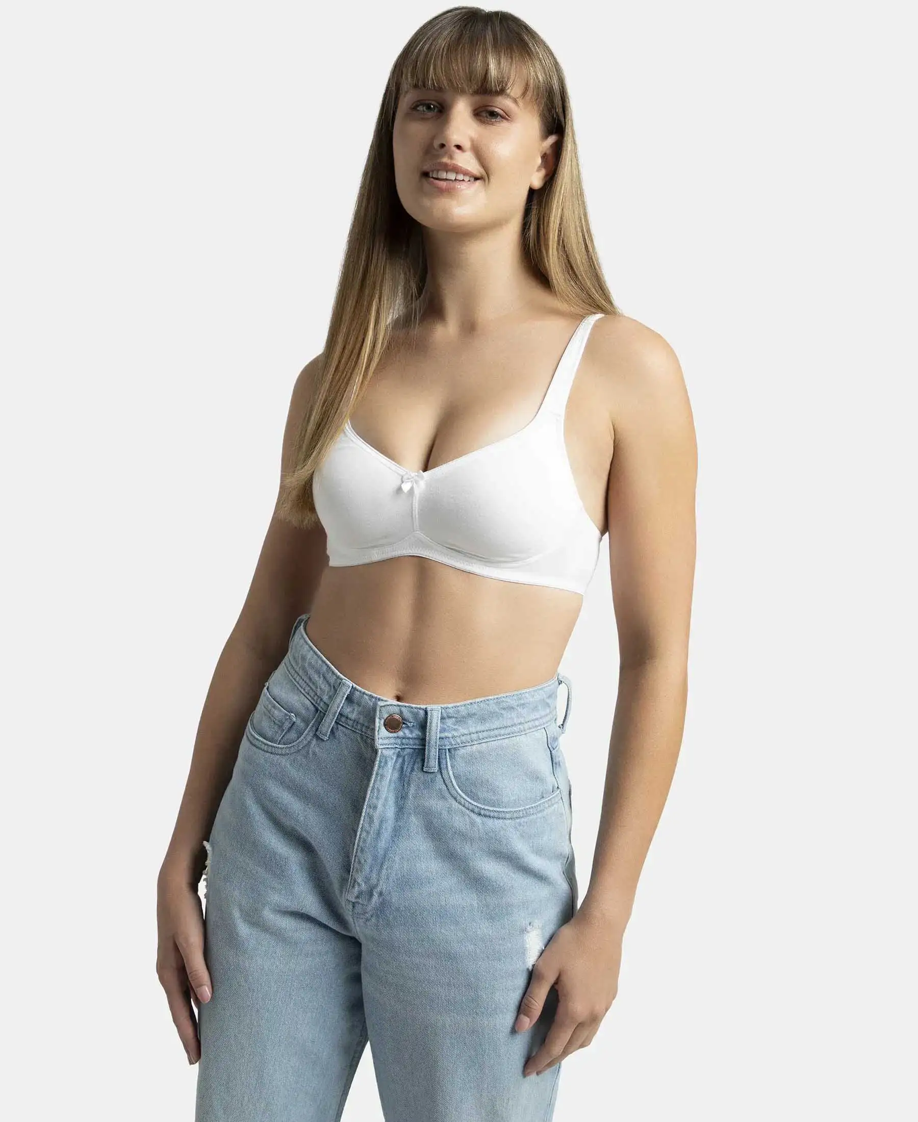 Wirefree Non Padded Plus Size Super Combed Cotton Elastane Stretch Full Coverage Everyday Bra with Contoured Shaper Panel and Adjustable Straps - White - Image 5