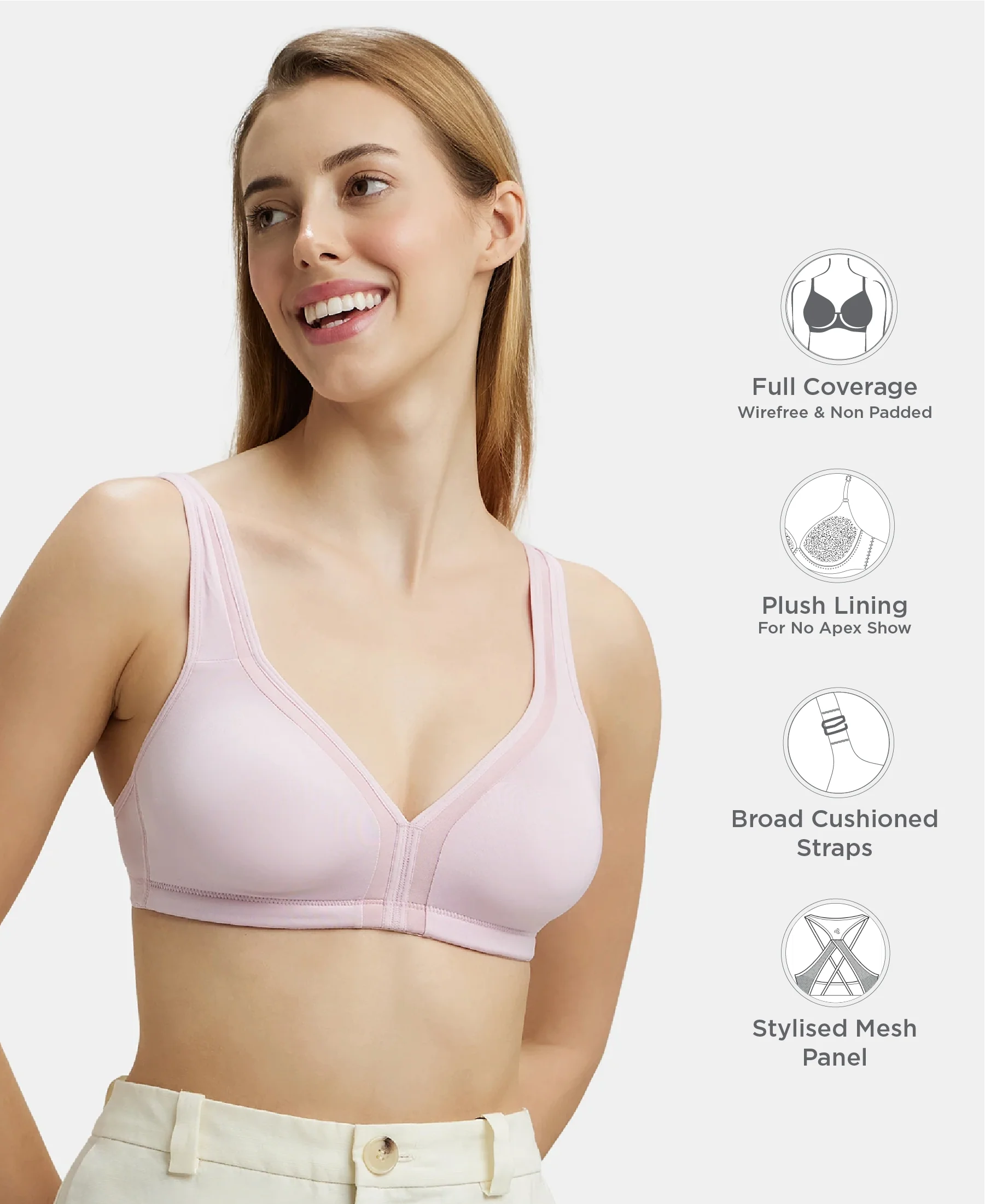 Wirefree Non Padded Soft Touch Microfiber Elastane Stretch Full Coverage Everyday Bra with Stylised Mesh Panel - Fragrant Lily - Image 2