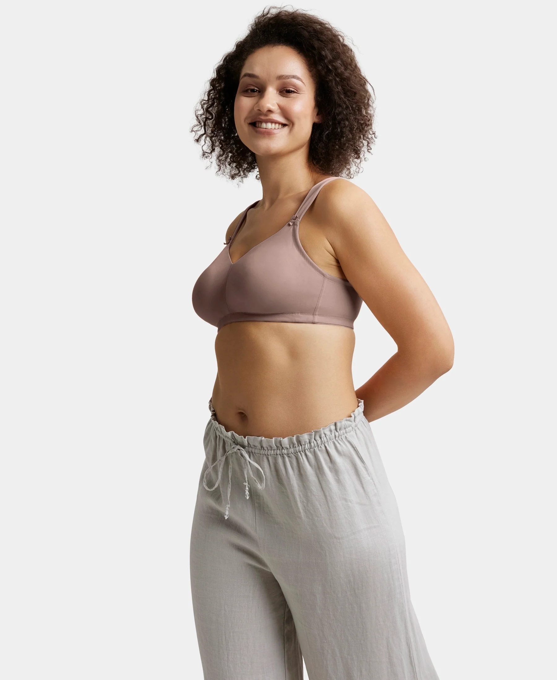 Wirefree Non Padded Soft Touch Microfiber Elastane Stretch Full Coverage Minimizer Bra with Broad Cushioned Fabric Strap - Deep Taupe - Image 5