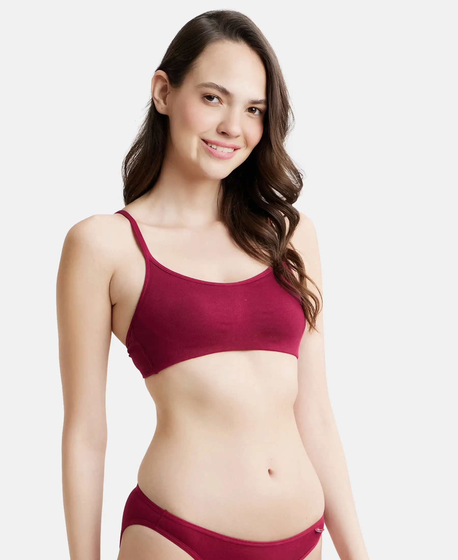 Wirefree Non Padded Super Combed Cotton Elastane Stretch Full Coverage Beginners Bra with Adjustable Straps - Beet Red - Image 2