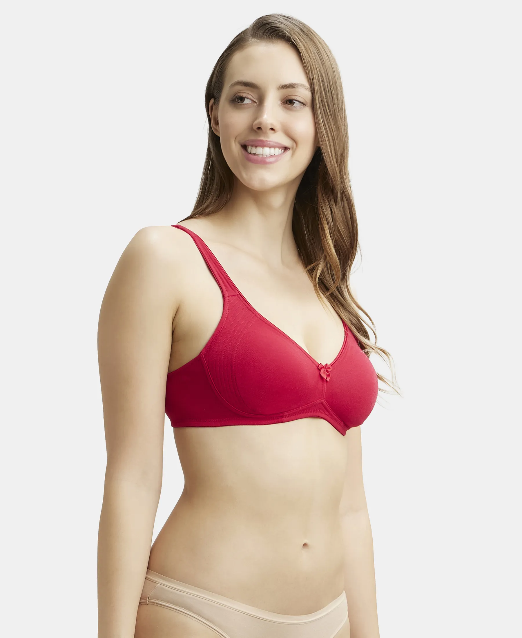 Wirefree Non Padded Super Combed Cotton Elastane Stretch Full Coverage Everyday Bra with Contoured Shaper Panel and Adjustable Straps - Red Love - Image 2