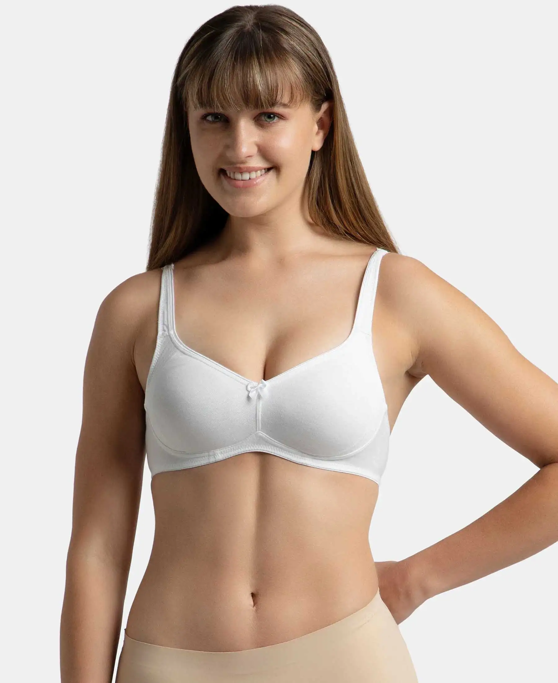 Wirefree Non Padded Super Combed Cotton Elastane Stretch Full Coverage Everyday Bra with Contoured Shaper Panel and Adjustable Straps - White