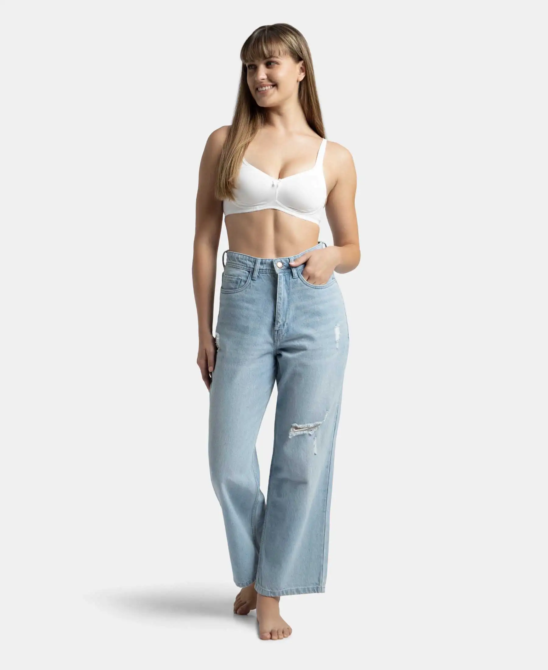 Wirefree Non Padded Super Combed Cotton Elastane Stretch Full Coverage Everyday Bra with Contoured Shaper Panel and Adjustable Straps - White - Image 6