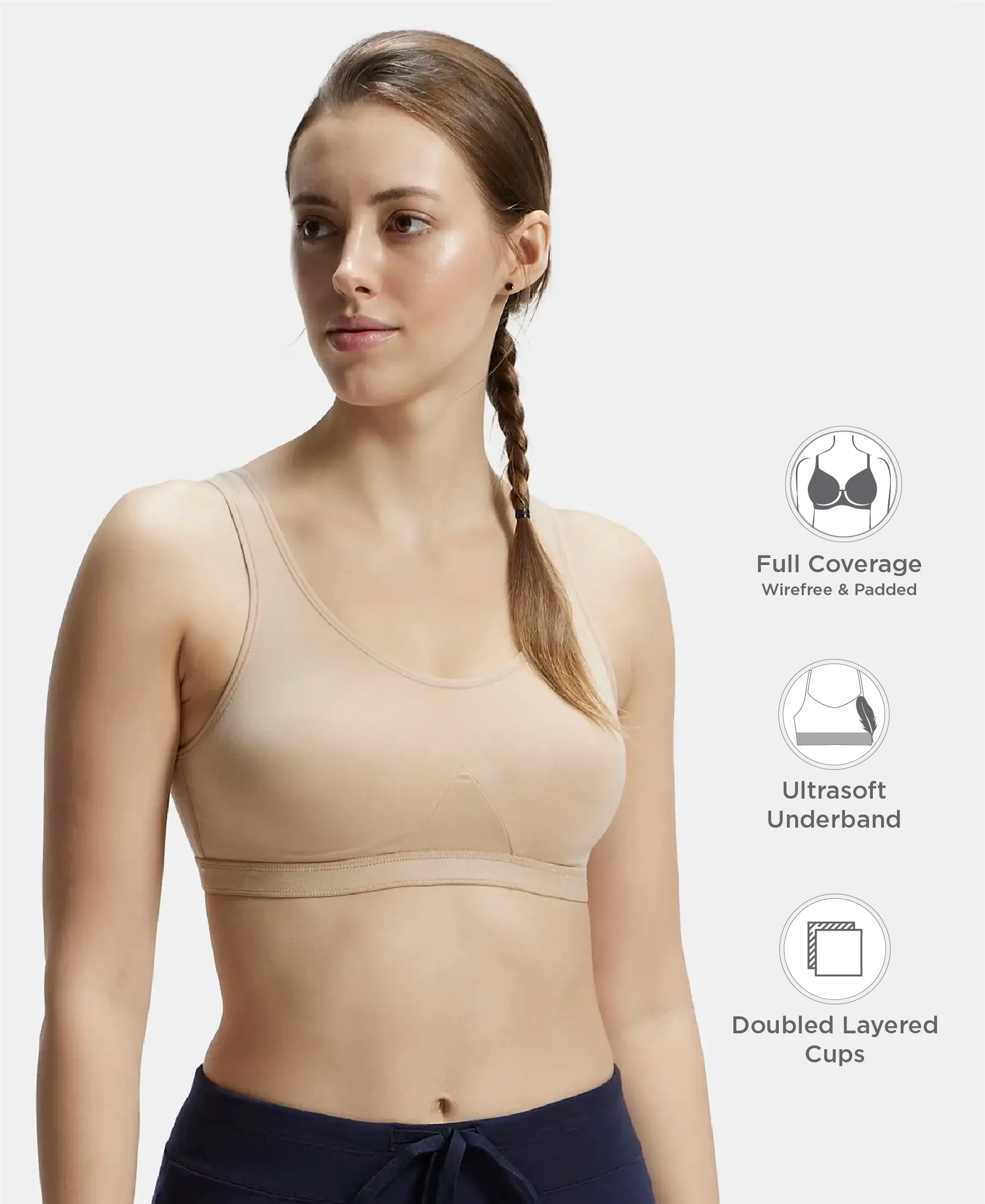 Wirefree Non Padded Super Combed Cotton Elastane Stretch Full Coverage Slip-On Active Bra with Wider Straps and Moisture Move Treatment - Light Skin - Image 2