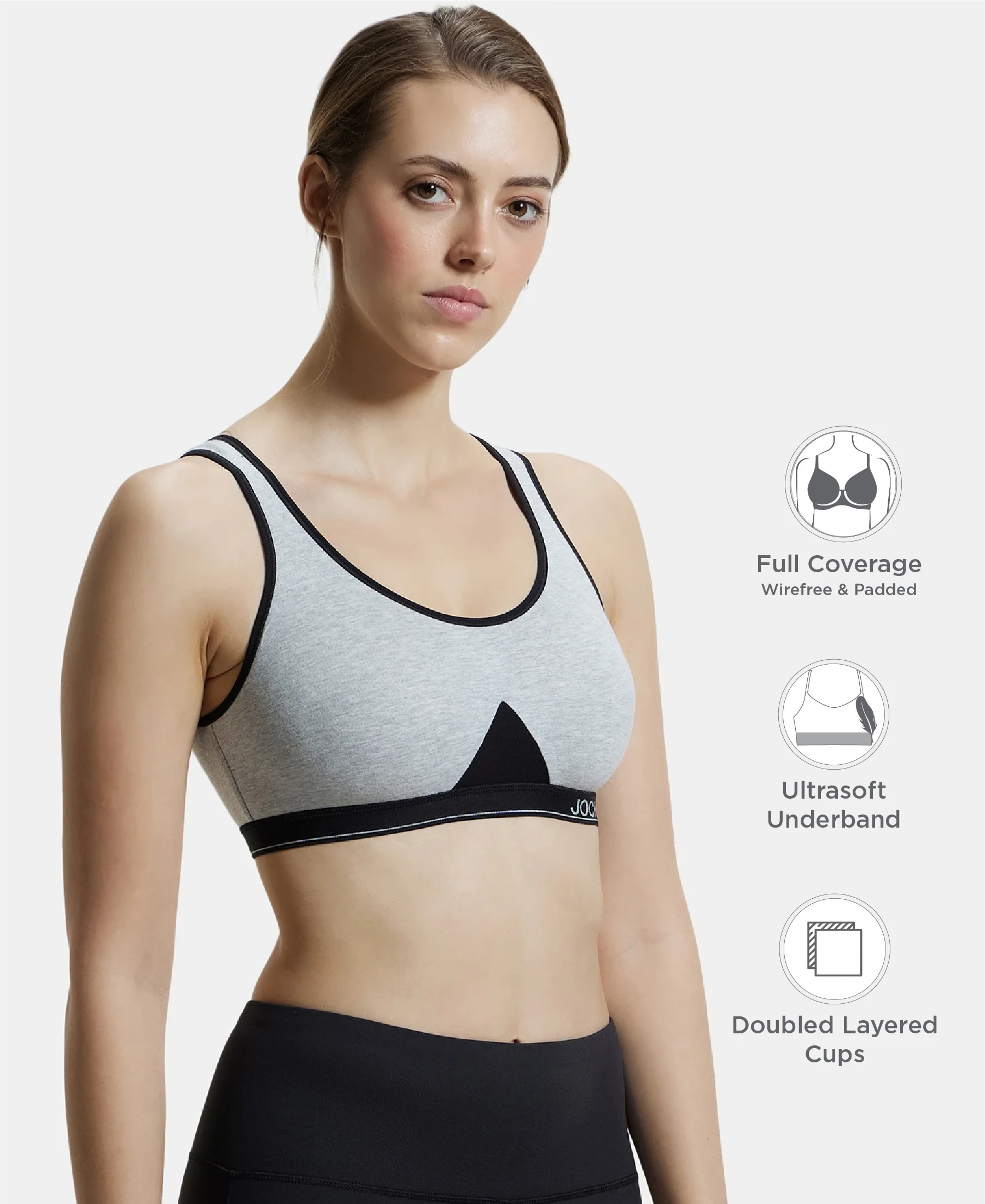 Wirefree Non Padded Super Combed Cotton Elastane Stretch Full Coverage Slip-On Active Bra with Wider Straps and Moisture Move Treatment - Steel Grey Melange - Image 2