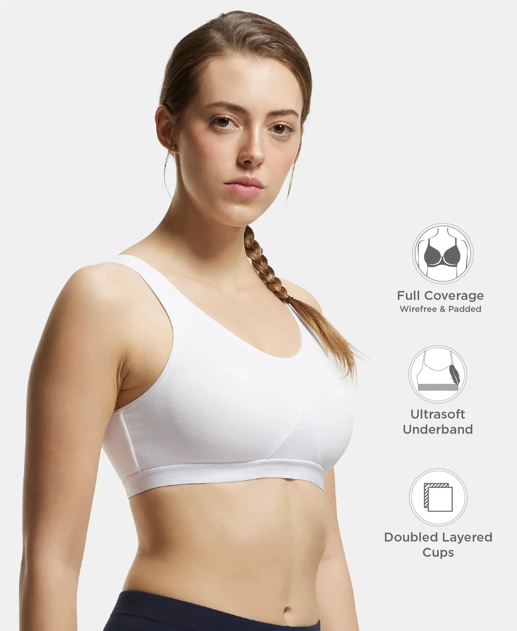 Wirefree Non Padded Super Combed Cotton Elastane Stretch Full Coverage Slip-On Active Bra with Wider Straps and Moisture Move Treatment - White - Image 2