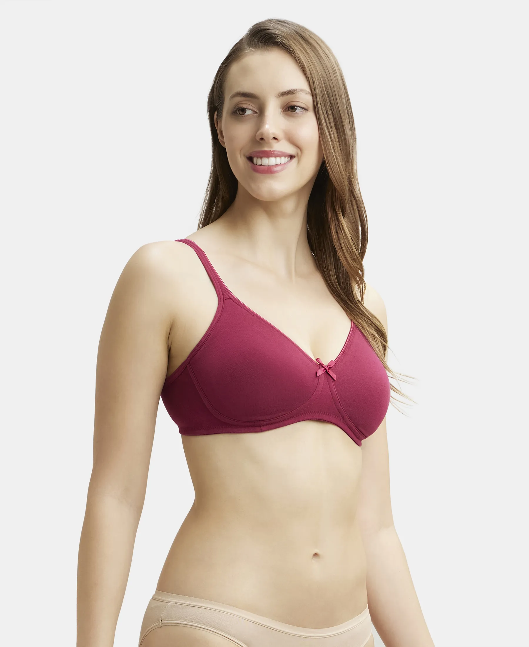 Wirefree Non Padded Super Combed Cotton Elastane Stretch Medium Coverage Everyday Bra with Concealed Shaper Panel - Beet Red - Image 2