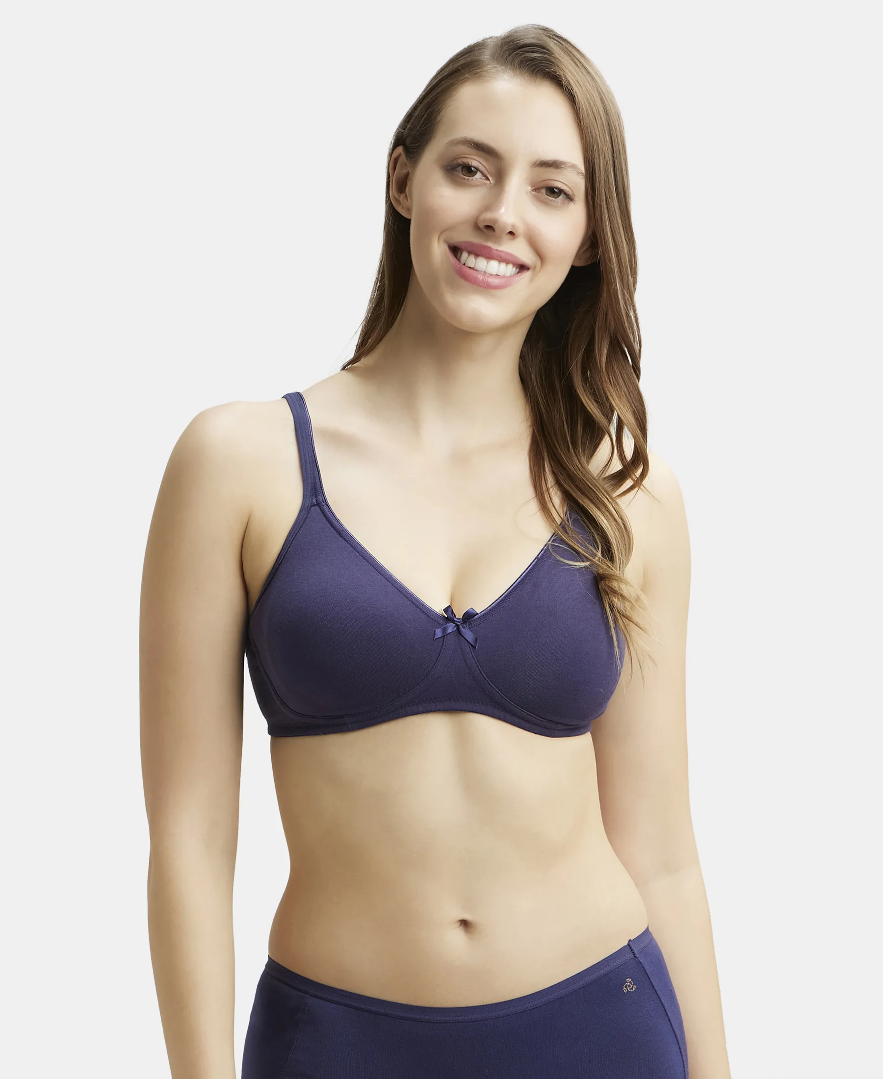 Wirefree Non Padded Super Combed Cotton Elastane Stretch Medium Coverage Everyday Bra with Concealed Shaper Panel - Classic Navy