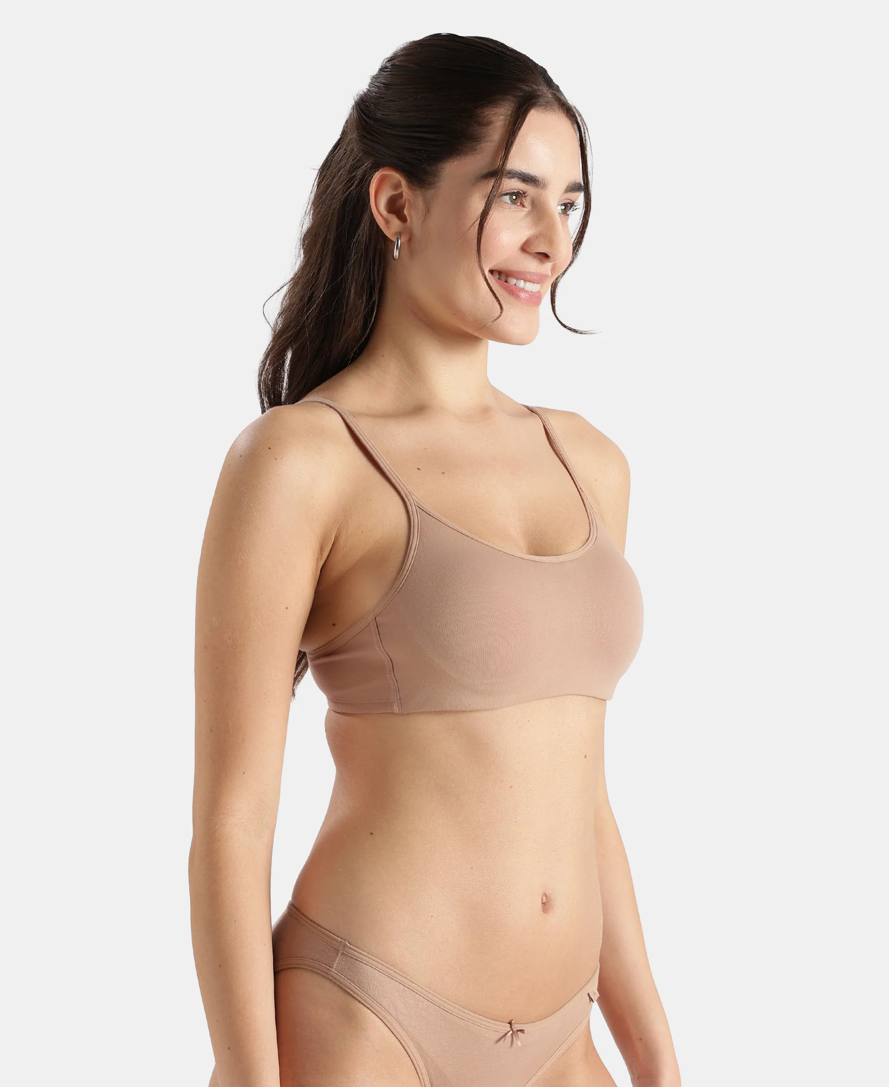 Wirefree Non Padded Super Combed Cotton Elastane Stretch Full Coverage Beginners Bra with Adjustable Straps - Almondine - Image 2