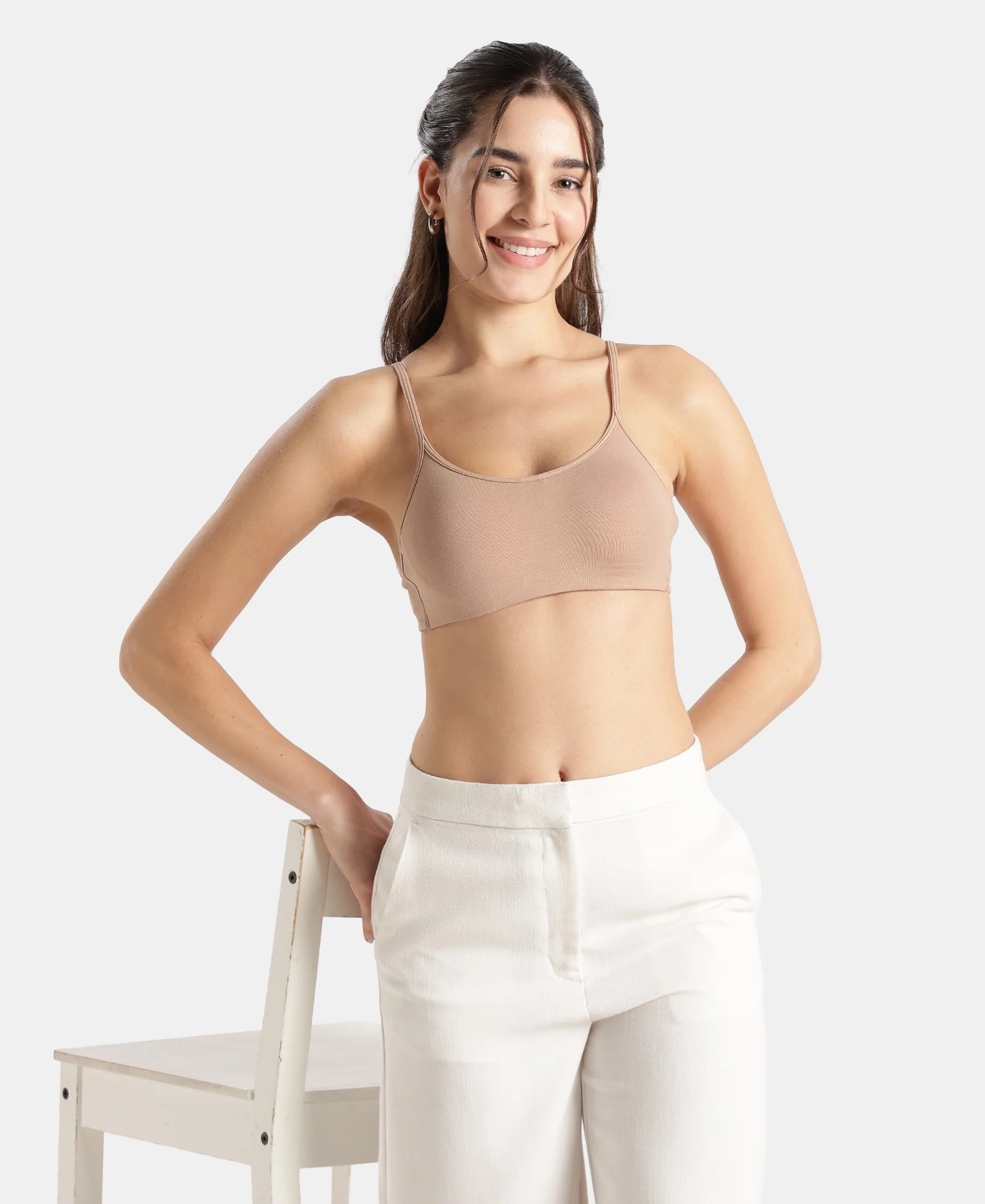 Wirefree Non Padded Super Combed Cotton Elastane Stretch Full Coverage Beginners Bra with Adjustable Straps - Almondine - Image 5
