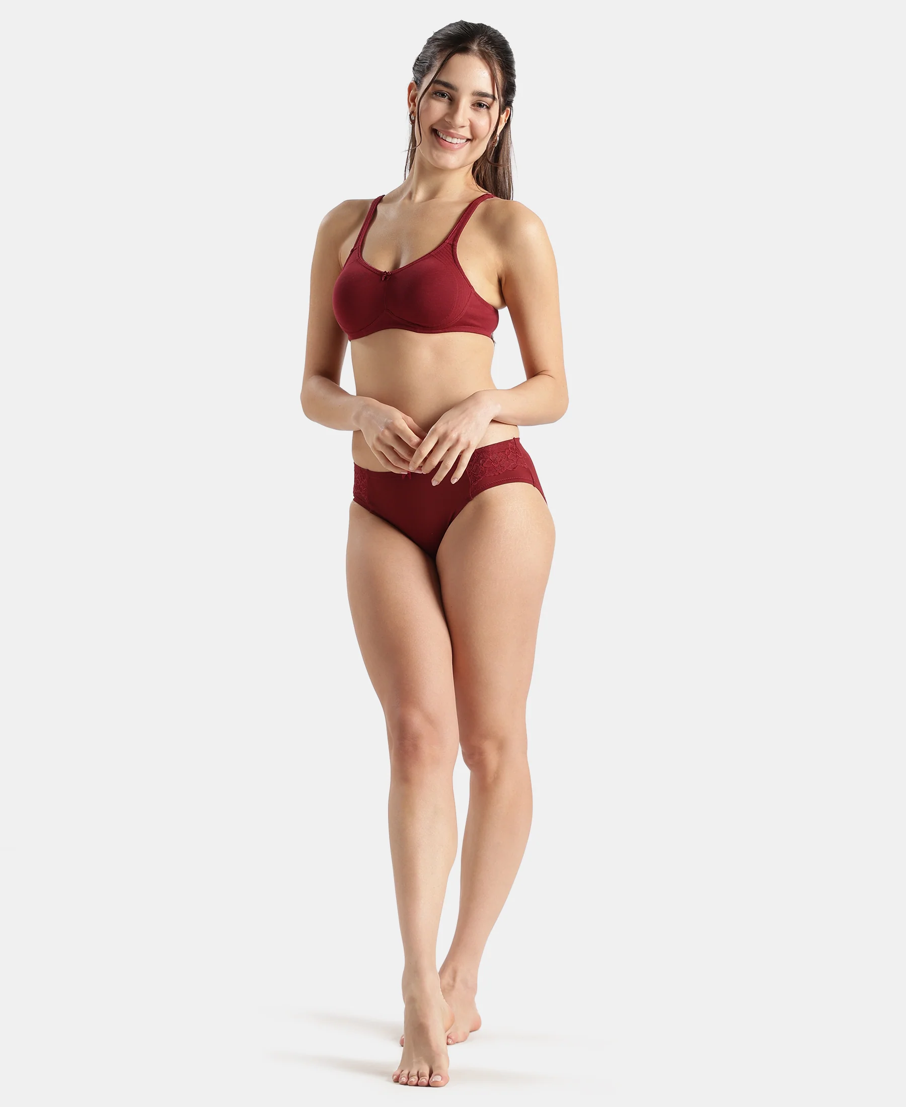 Wirefree Non Padded Super Combed Cotton Elastane Stretch Full Coverage Everyday Bra with Contoured Shaper Panel and Adjustable Straps - Pomegranate - Image 4