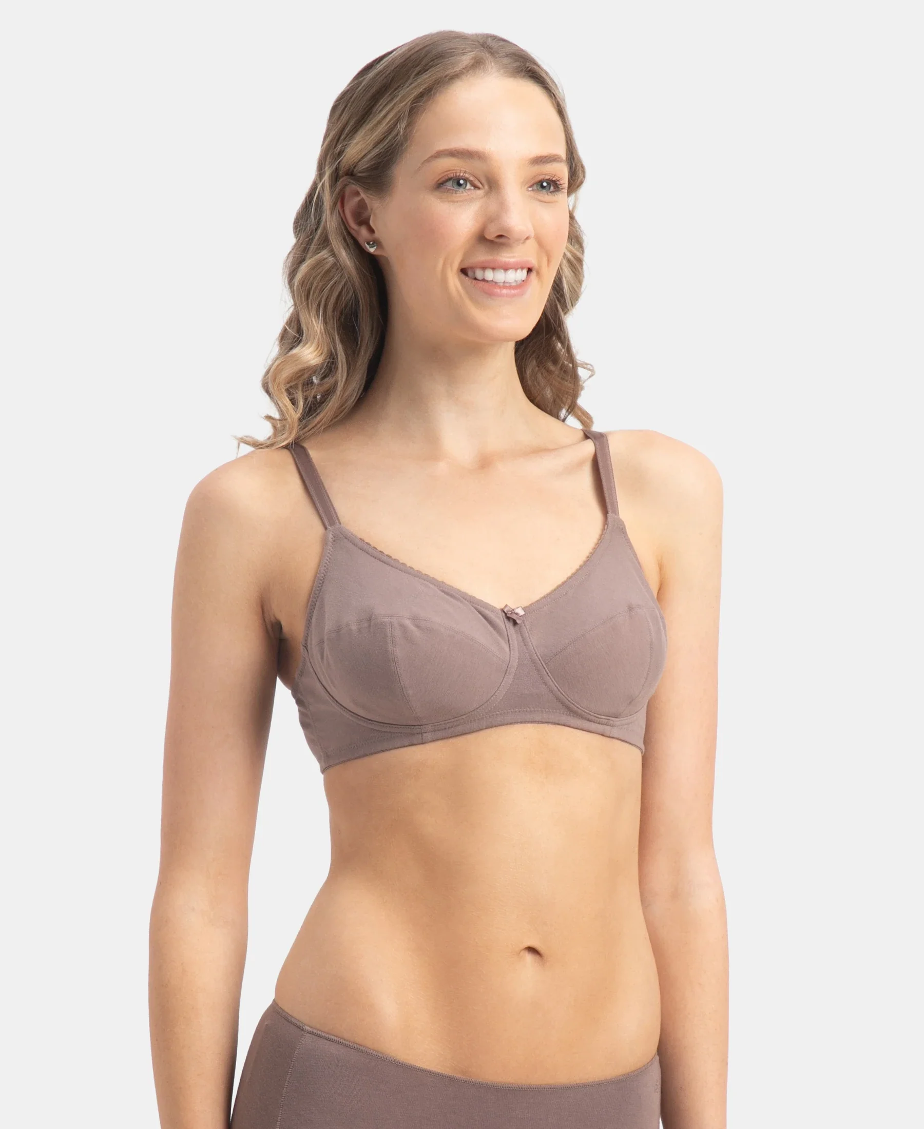Wirefree Non Padded Super Combed Cotton Elastane Stretch Full Coverage Everyday Bra with Soft Adjustable Straps - Deep Taupe - Image 2