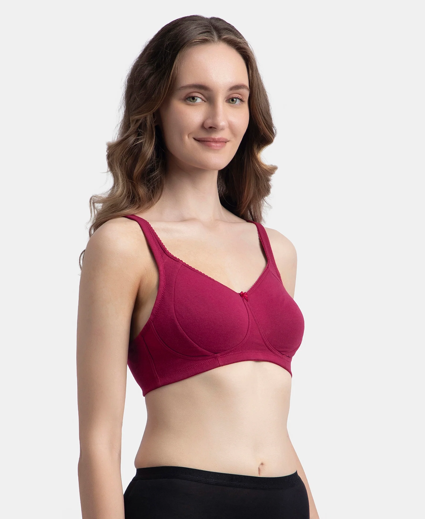 Wirefree Non Padded Super Combed Cotton Elastane Stretch Full Coverage Plus Size Bra Plush Lining Cup - Beet Red - Image 2