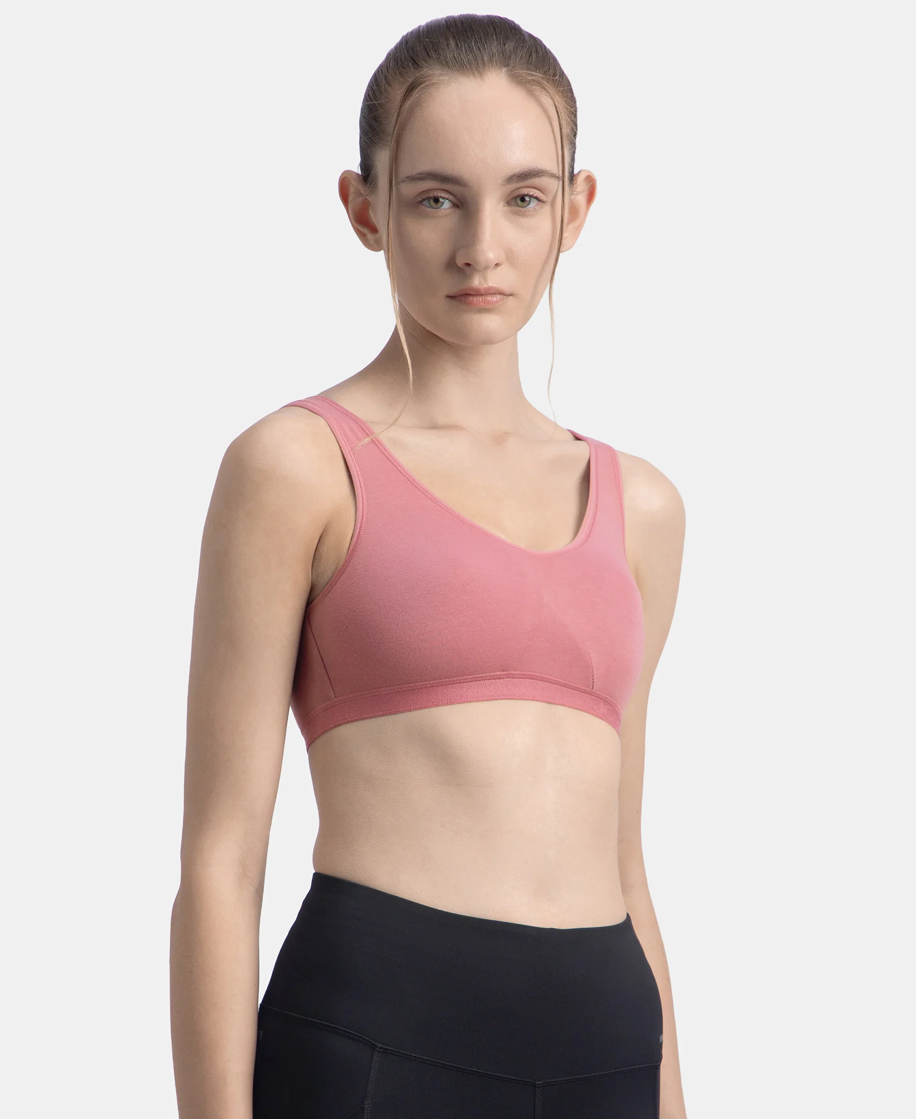 Wirefree Non Padded Super Combed Cotton Elastane Stretch Full Coverage Slip-On Active Bra with Wider Straps and Moisture Move Treatment - Heather Rose - Image 2