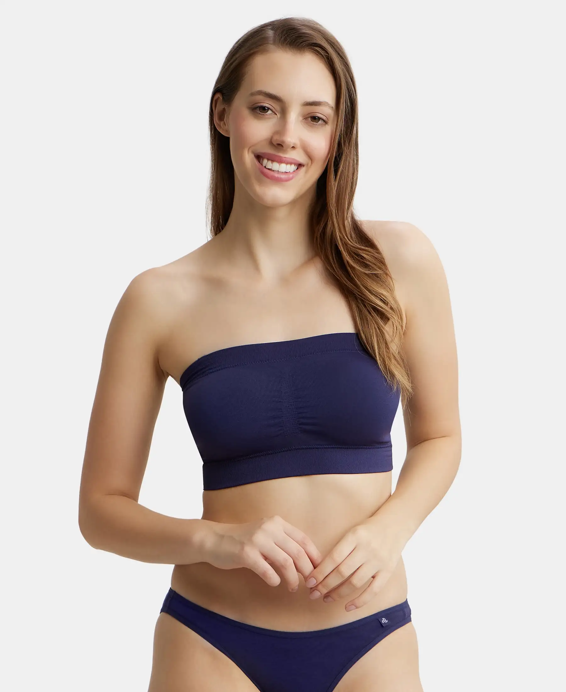 Wirefree Padded Micro Touch Nylon Elastane Stretch Bandeau Bra with Removable Pads and Detachable Transparent Straps - Classic Navy