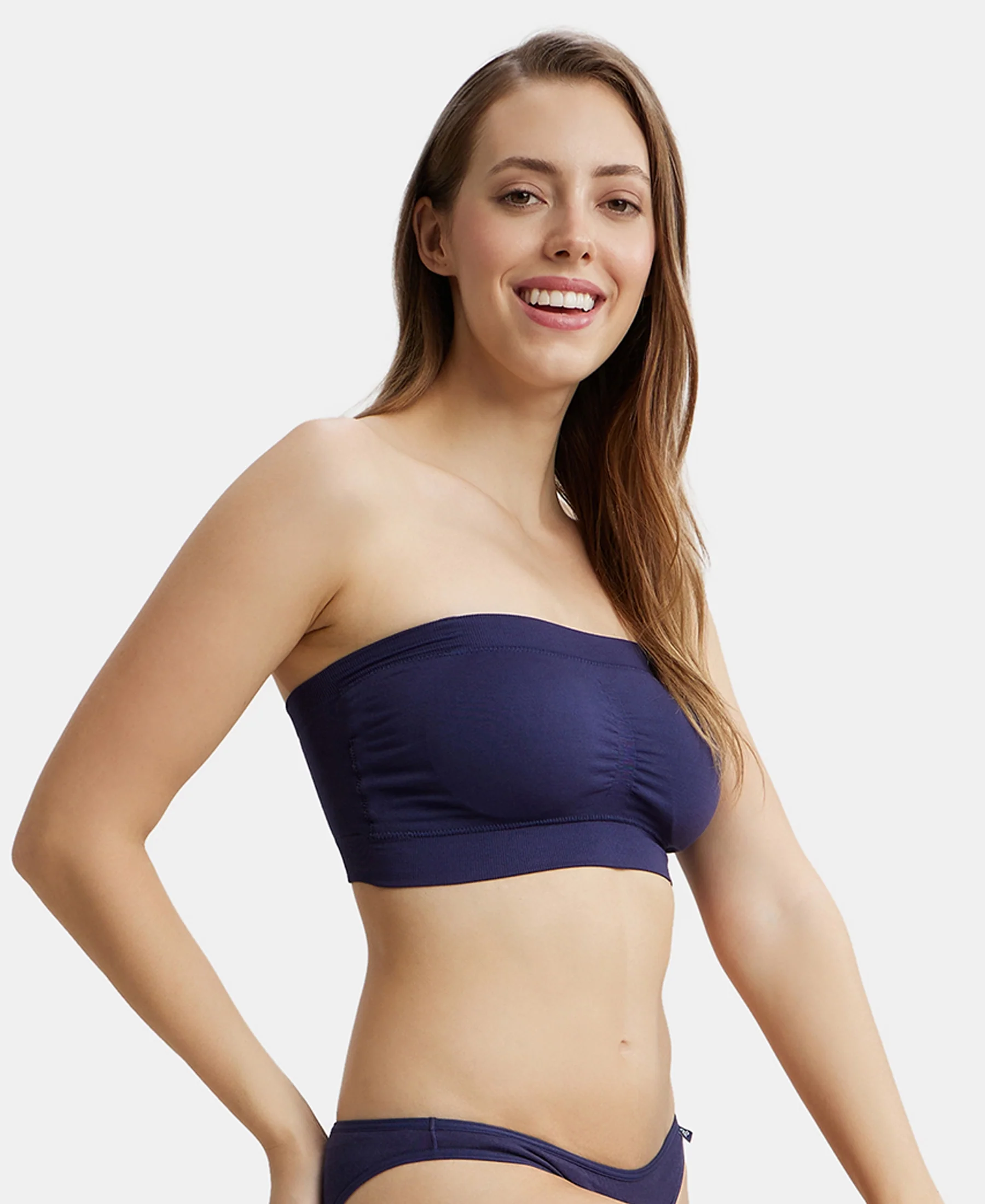 Wirefree Padded Micro Touch Nylon Elastane Stretch Bandeau Bra with Removable Pads and Detachable Transparent Straps - Classic Navy - Image 5