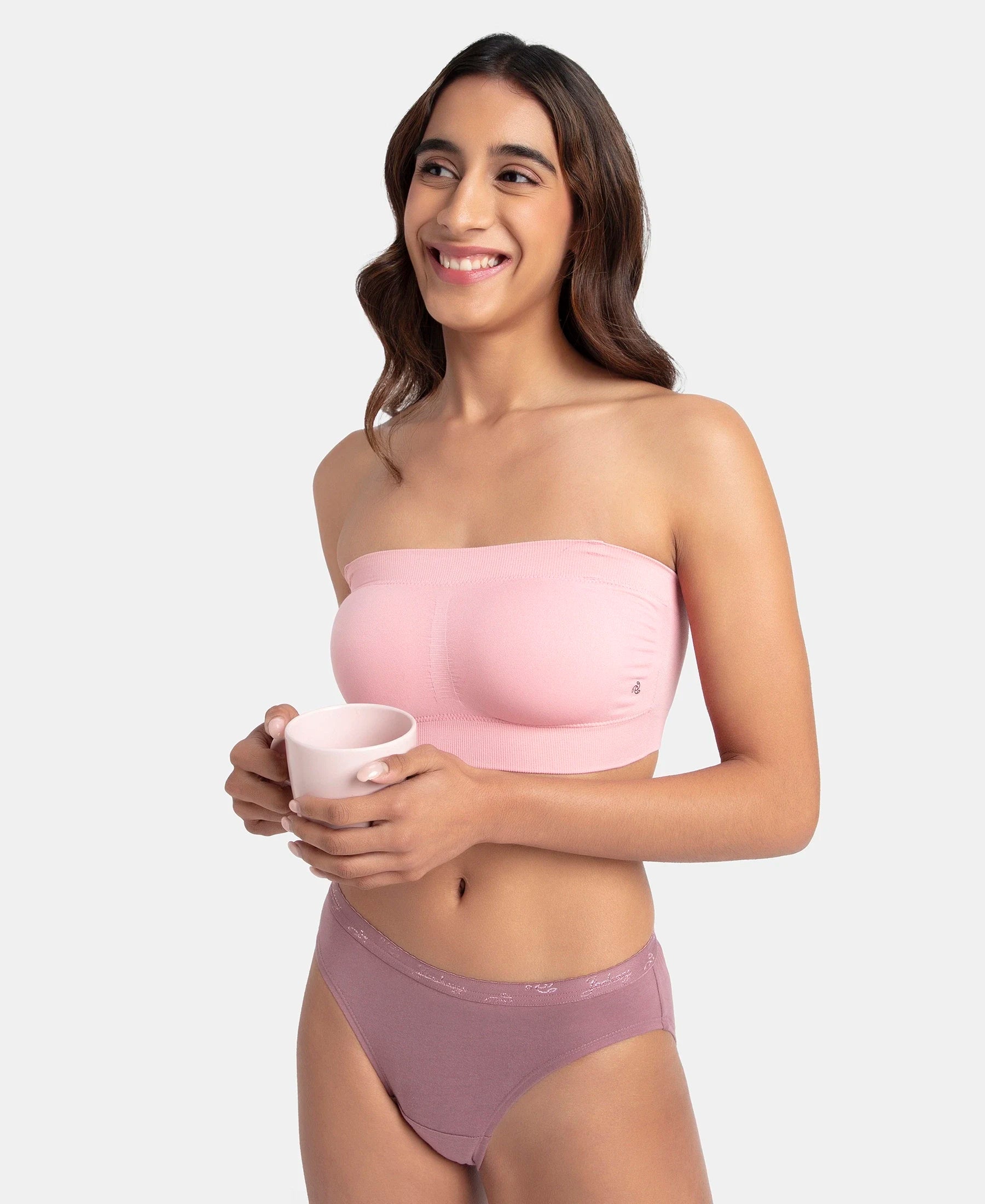Wirefree Padded Micro Touch Nylon Elastane Stretch Bandeau Bra with Removable Pads and Detachable Transparent Straps - Crush N Blush - Image 5