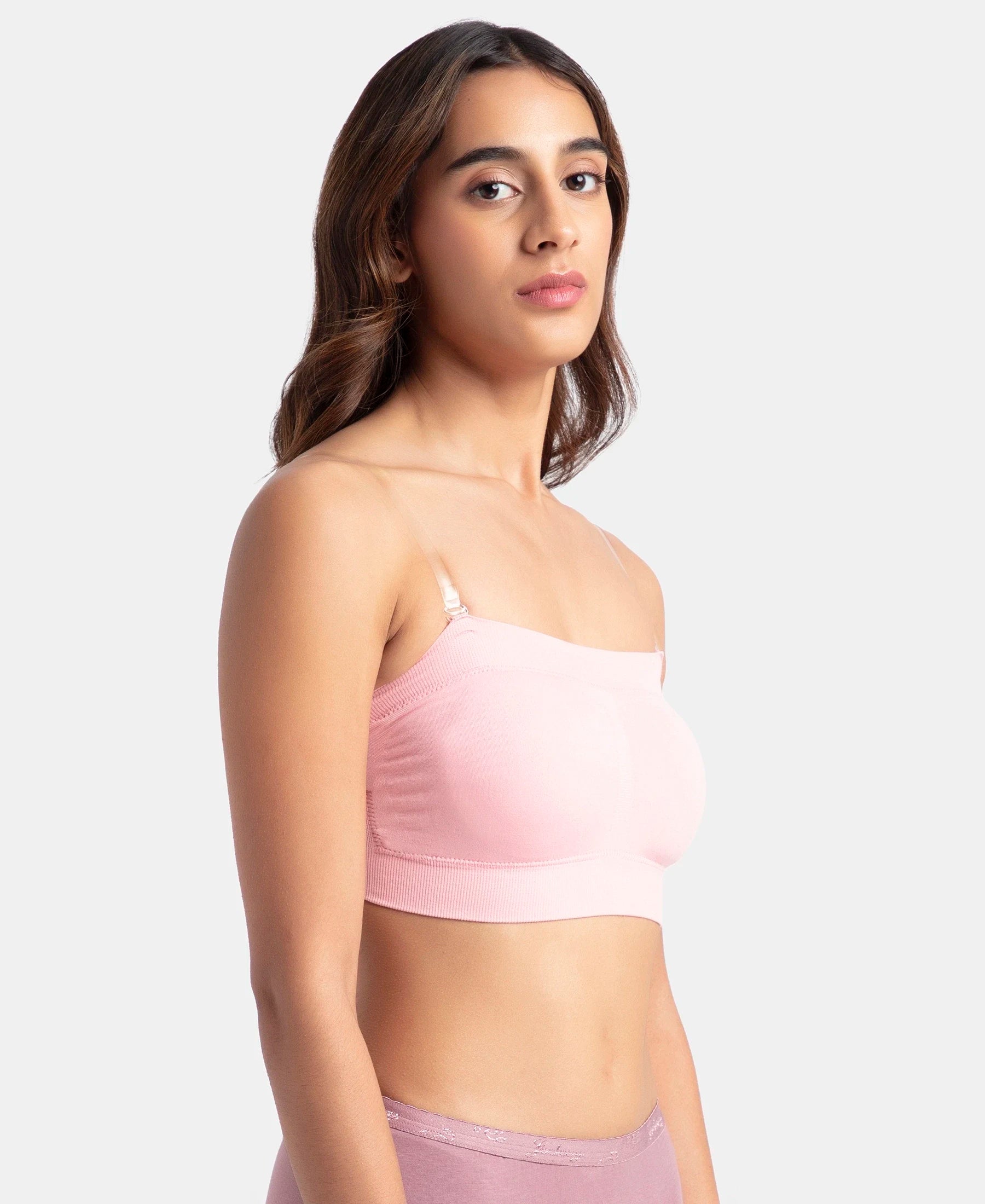 Wirefree Padded Micro Touch Nylon Elastane Stretch Bandeau Bra with Removable Pads and Detachable Transparent Straps - Crush N Blush - Image 7