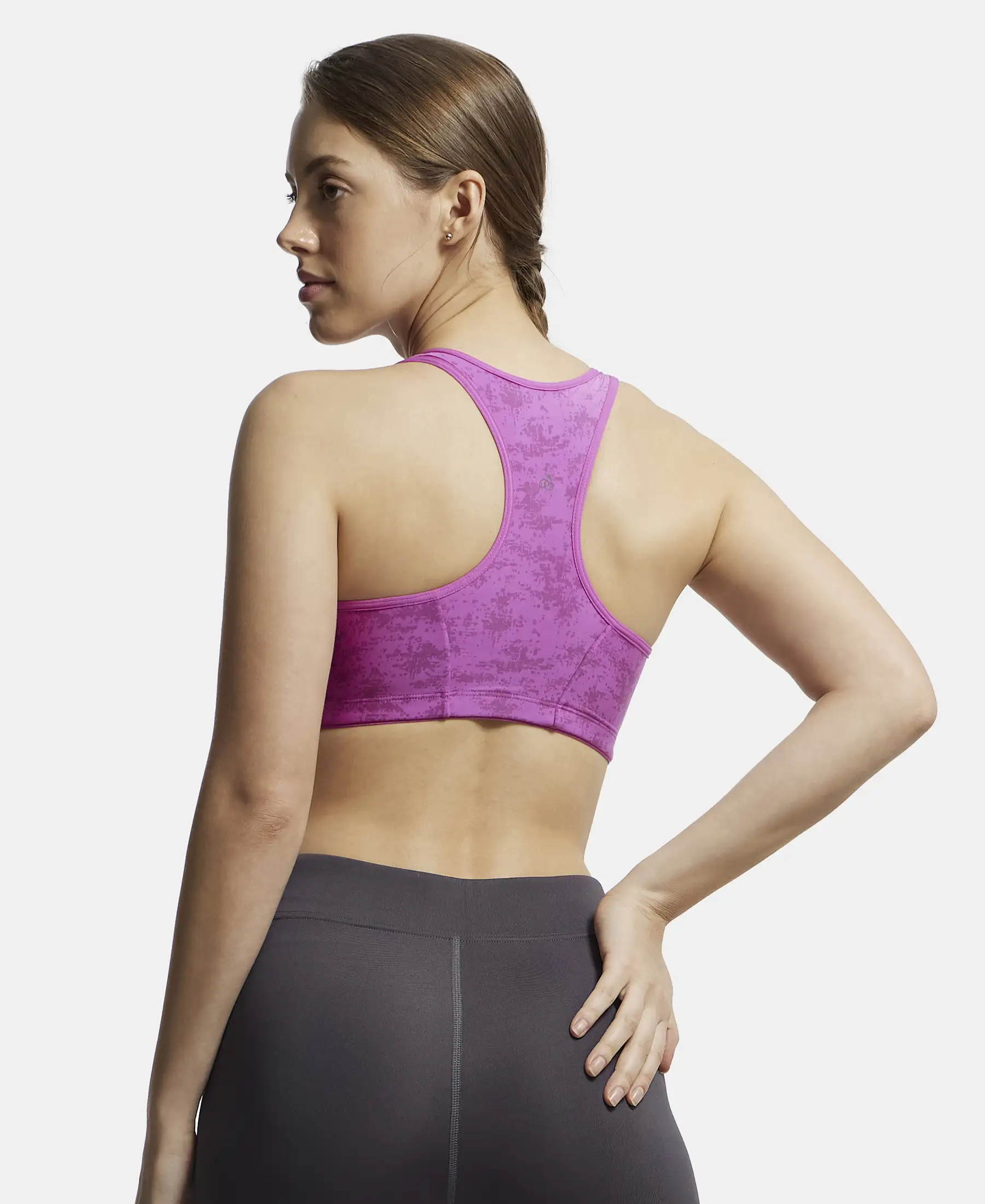 Wirefree Padded Microfiber Elastane Stretch Full Coverage Racerback Sports Bra with Front Zipper Styling - Lavender Scent Assorted Prints - Image 3