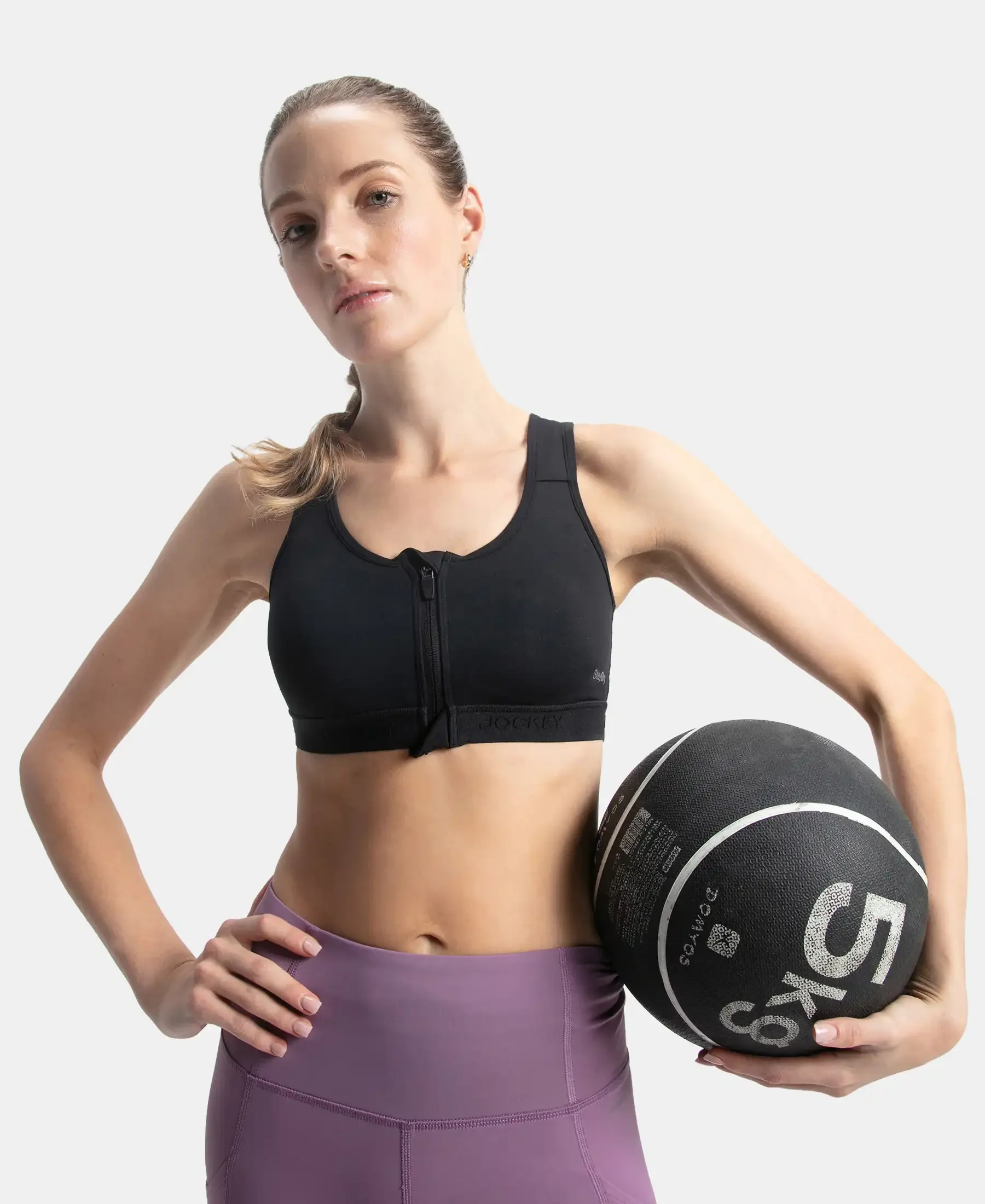 Wirefree Padded Microfiber Elastane Stretch Full Coverage Active Bra with Front Zipper Styling - Black - Image 5