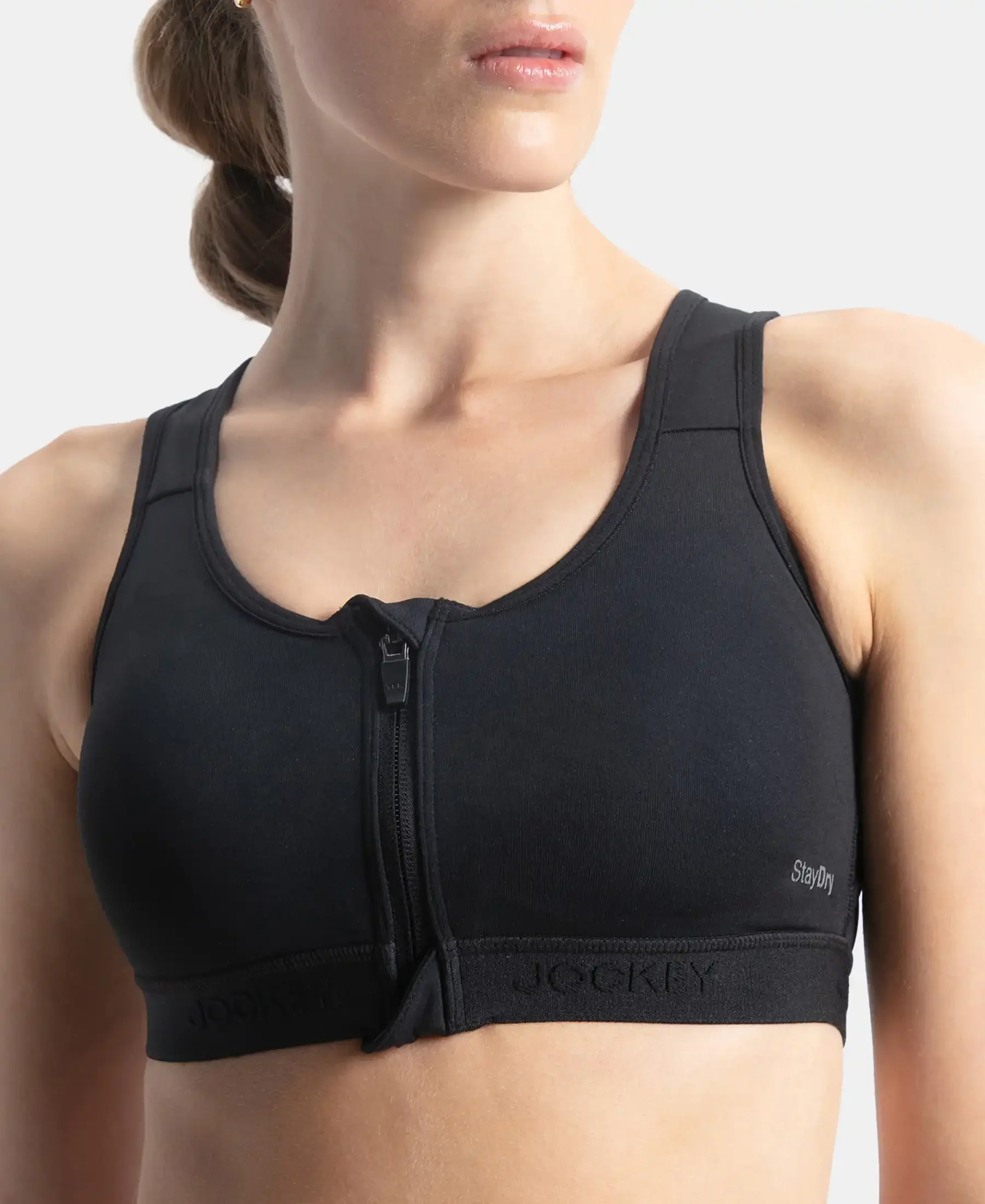 Wirefree Padded Microfiber Elastane Stretch Full Coverage Active Bra with Front Zipper Styling - Black - Image 7