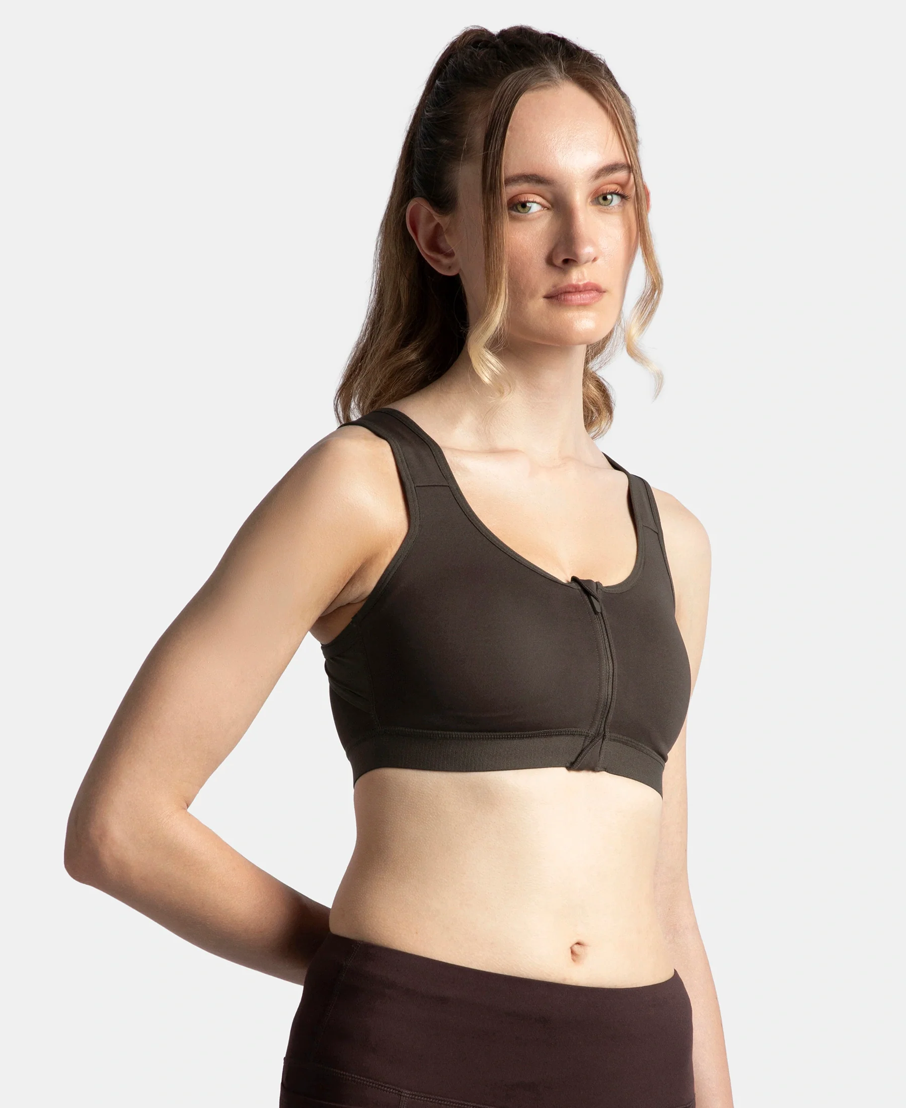Wirefree Padded Microfiber Elastane Stretch Full Coverage Active Bra with Front Zipper Styling - Coffee - Image 2