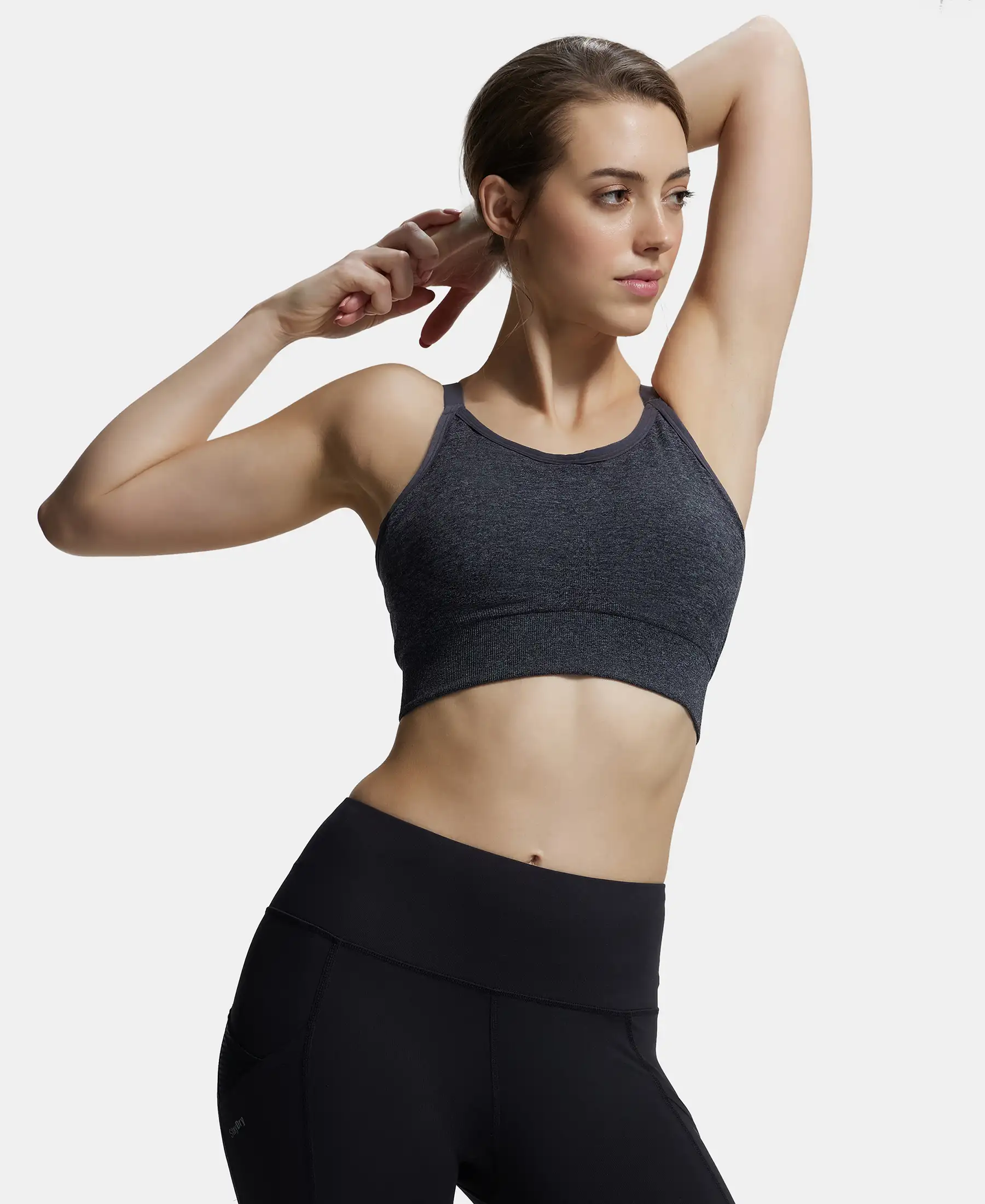 Wirefree Padded Recycled Nylon Elastane Stretch Racerback Styling Sports Bra with Stay Fresh Treatment - Black Melange - Image 5