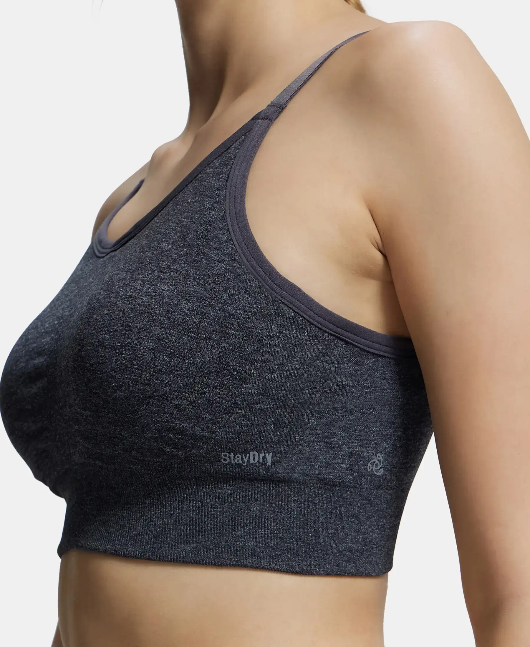 Wirefree Padded Recycled Nylon Elastane Stretch Racerback Styling Sports Bra with Stay Fresh Treatment - Black Melange - Image 7