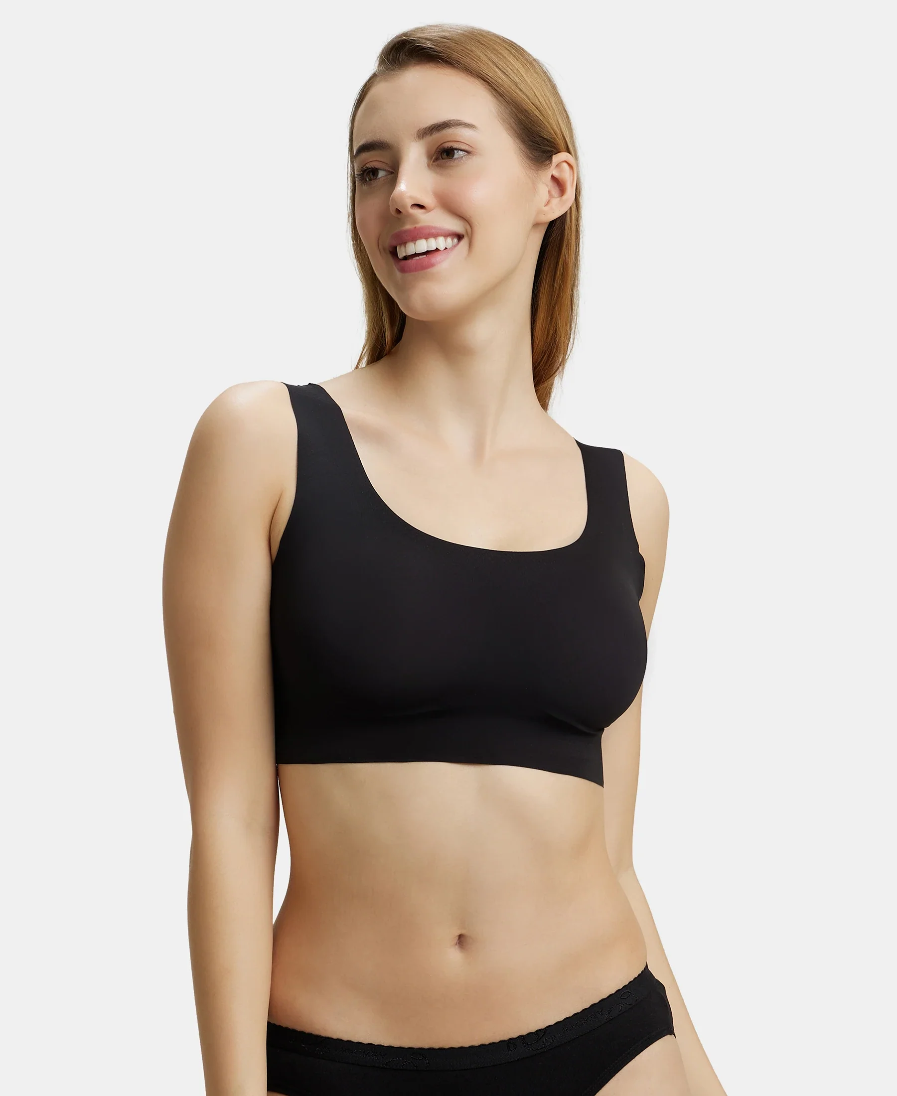Wirefree Padded Soft touch Microfiber Elastane Bonded Tech Full Coverage Lounge Bra with 360 Degree Stretch - Black - Image 5