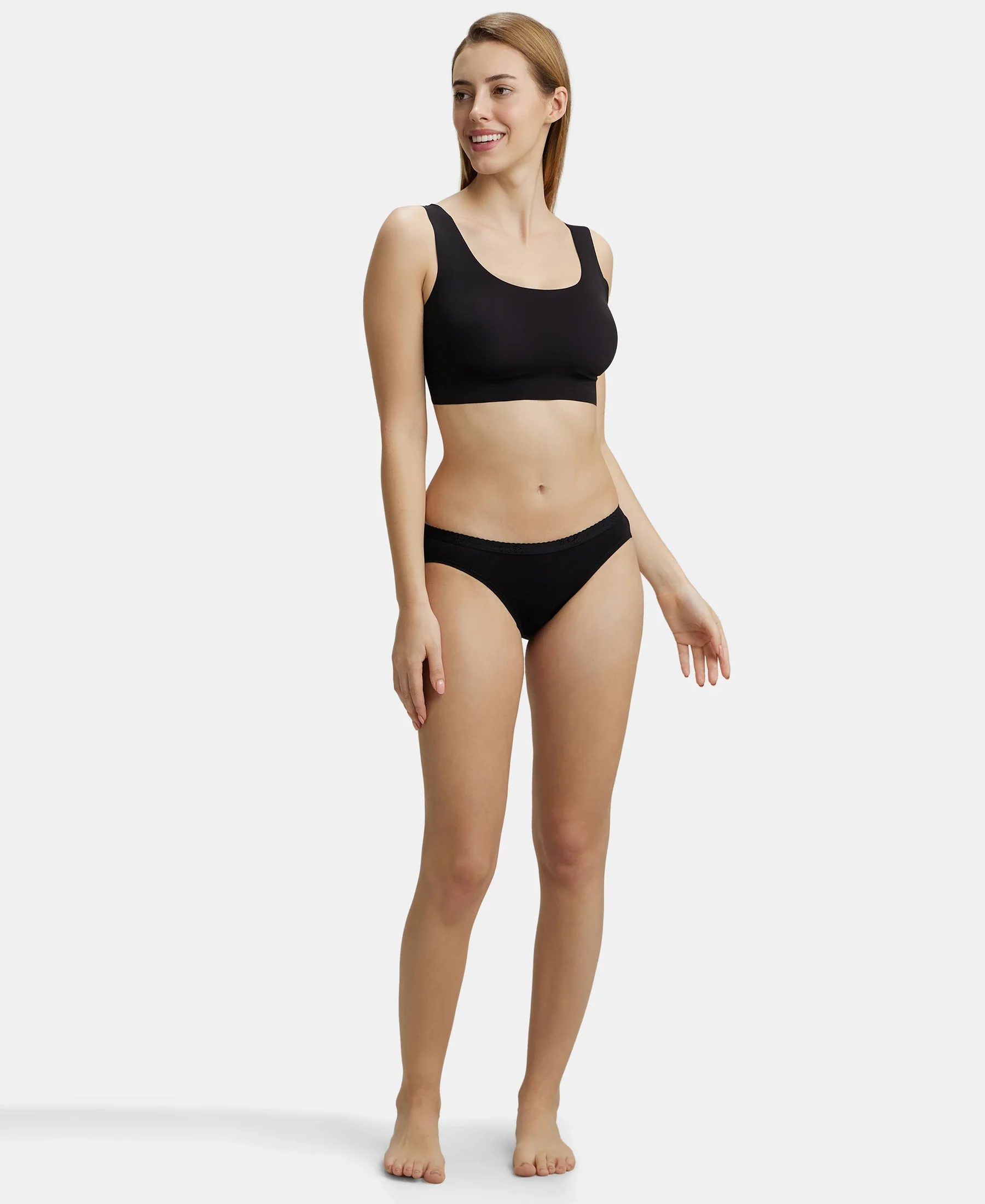Wirefree Padded Soft touch Microfiber Elastane Bonded Tech Full Coverage Lounge Bra with 360 Degree Stretch - Black - Image 7