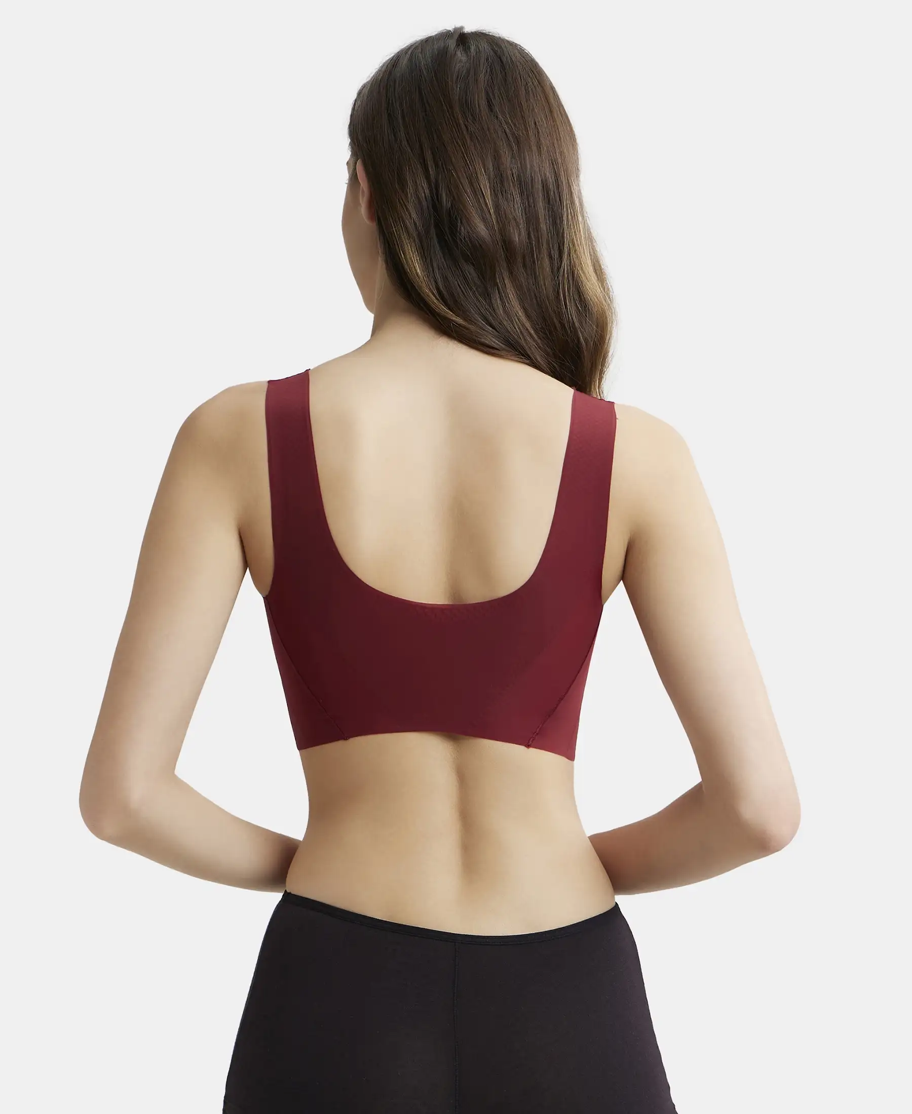 Wirefree Padded Soft touch Microfiber Elastane Bonded Tech Full Coverage Lounge Bra with 360 Degree Stretch - Pomegranate - Image 3