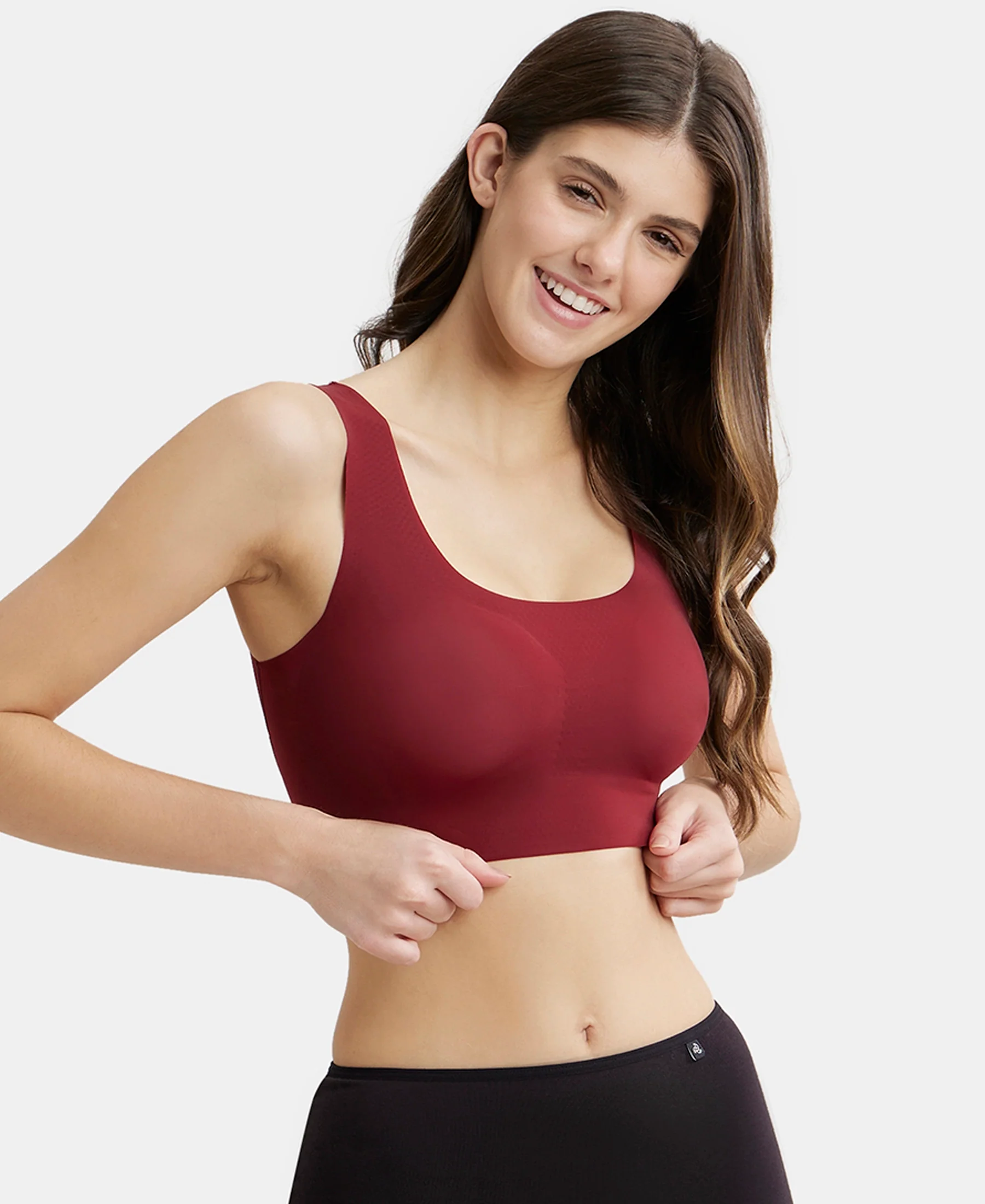 Wirefree Padded Soft touch Microfiber Elastane Bonded Tech Full Coverage Lounge Bra with 360 Degree Stretch - Pomegranate - Image 5