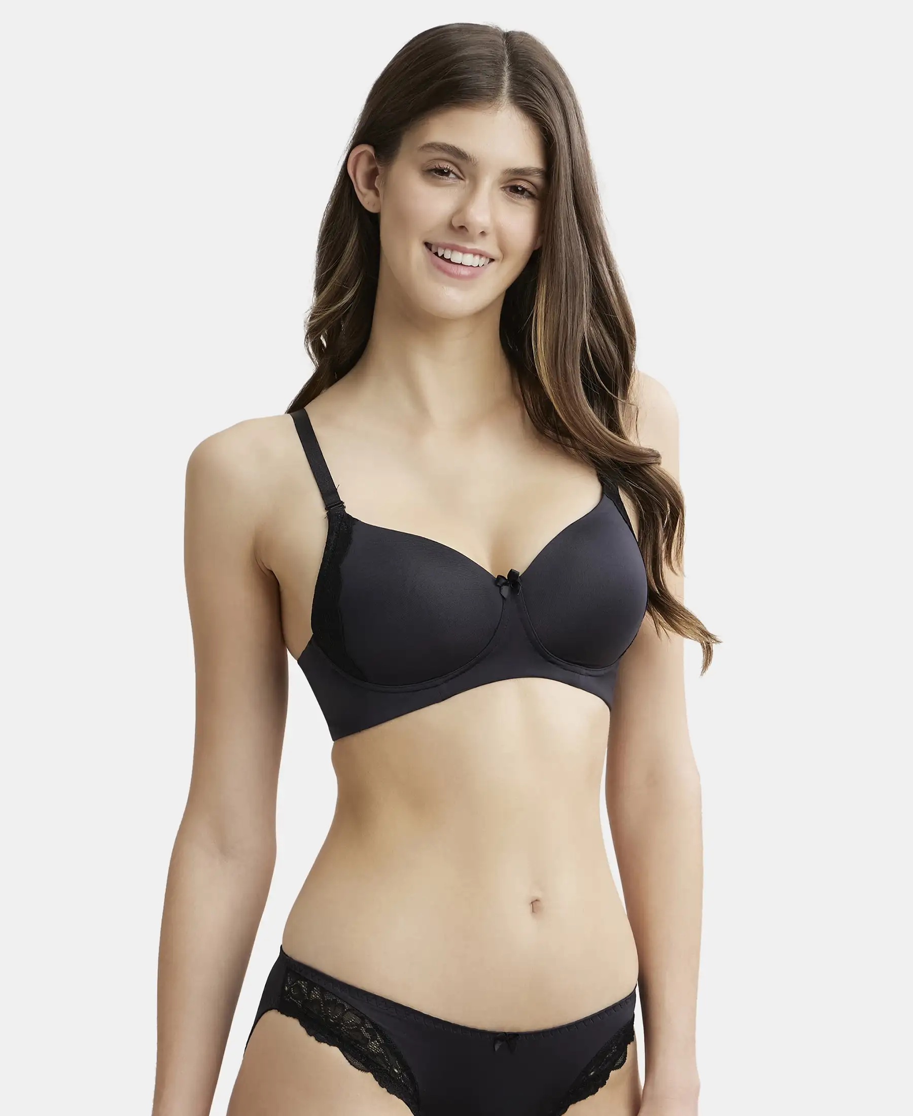 Wirefree Padded Soft Touch Microfiber Elastane Stretch Full Coverage T-Shirt Bra with Lace Styling - Black - Image 2