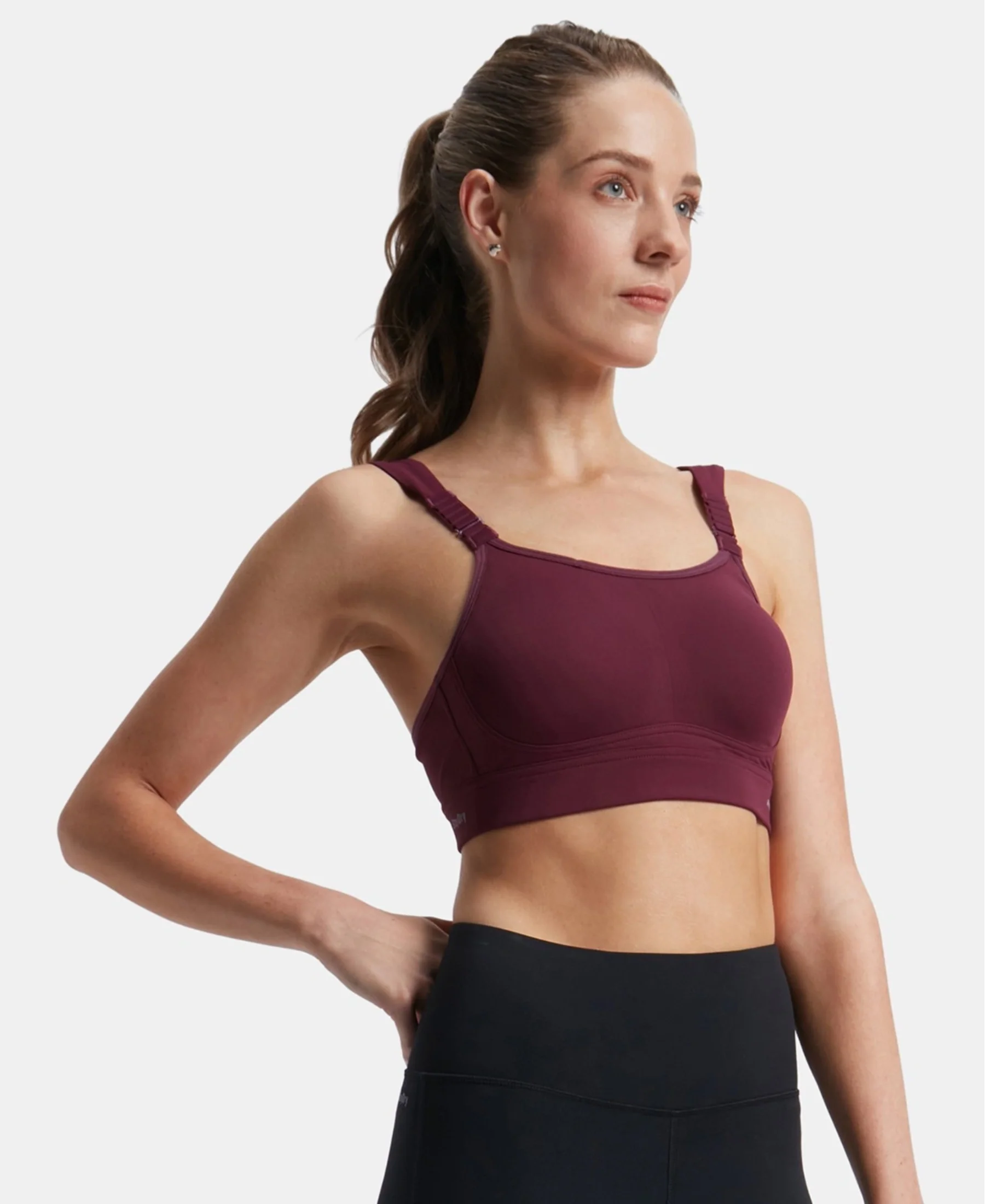 Wirefree Padded Soft Touch Microfiber Elastane Stretch Full Coverage Racerback Sports Bra with StayDry Treatment - Grape Wine - Image 6