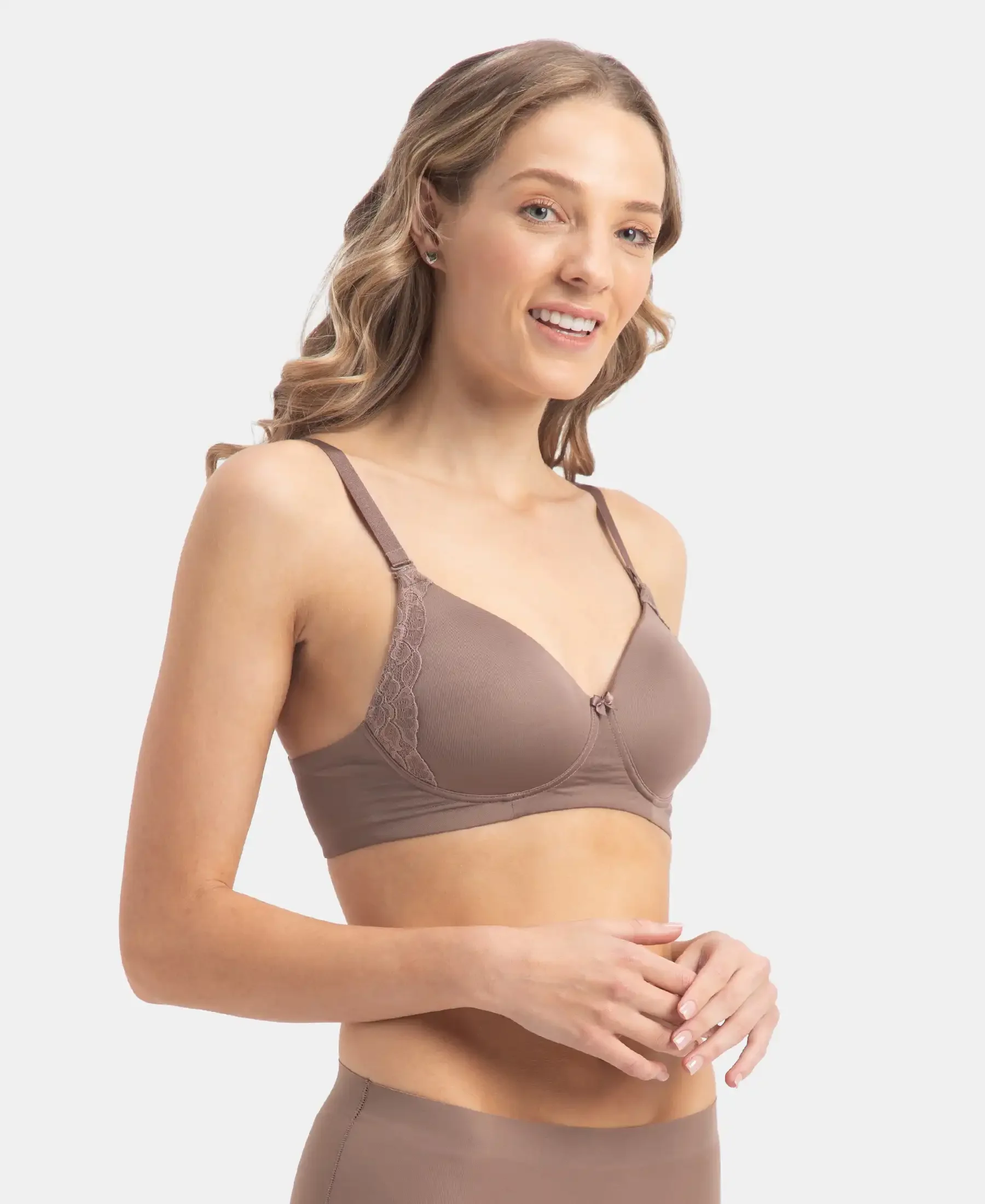 Wirefree Padded Soft Touch Microfiber Elastane Stretch Full Coverage T-Shirt Bra with Lace Styling - Deep Taupe - Image 2