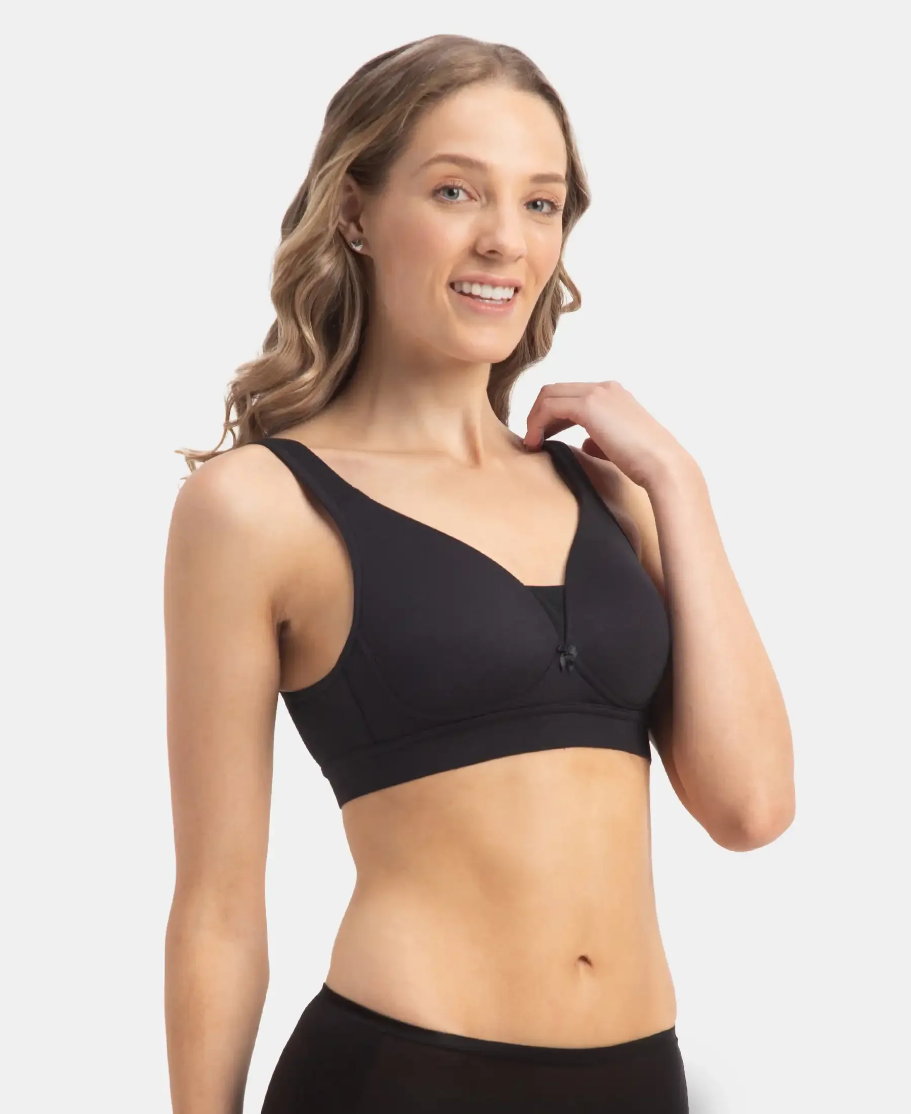 Wirefree Padded Soft Touch Microfiber Elastane Stretch Full Coverage T-Shirt Bra with Longline Styling - Black - Image 2