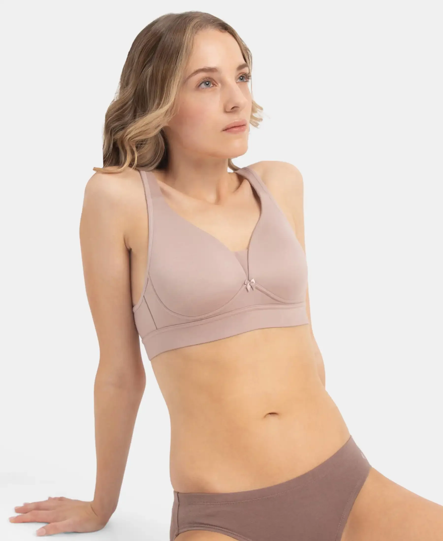Wirefree Padded Soft Touch Microfiber Elastane Stretch Full Coverage T-Shirt Bra with Longline Styling - Mocha - Image 5
