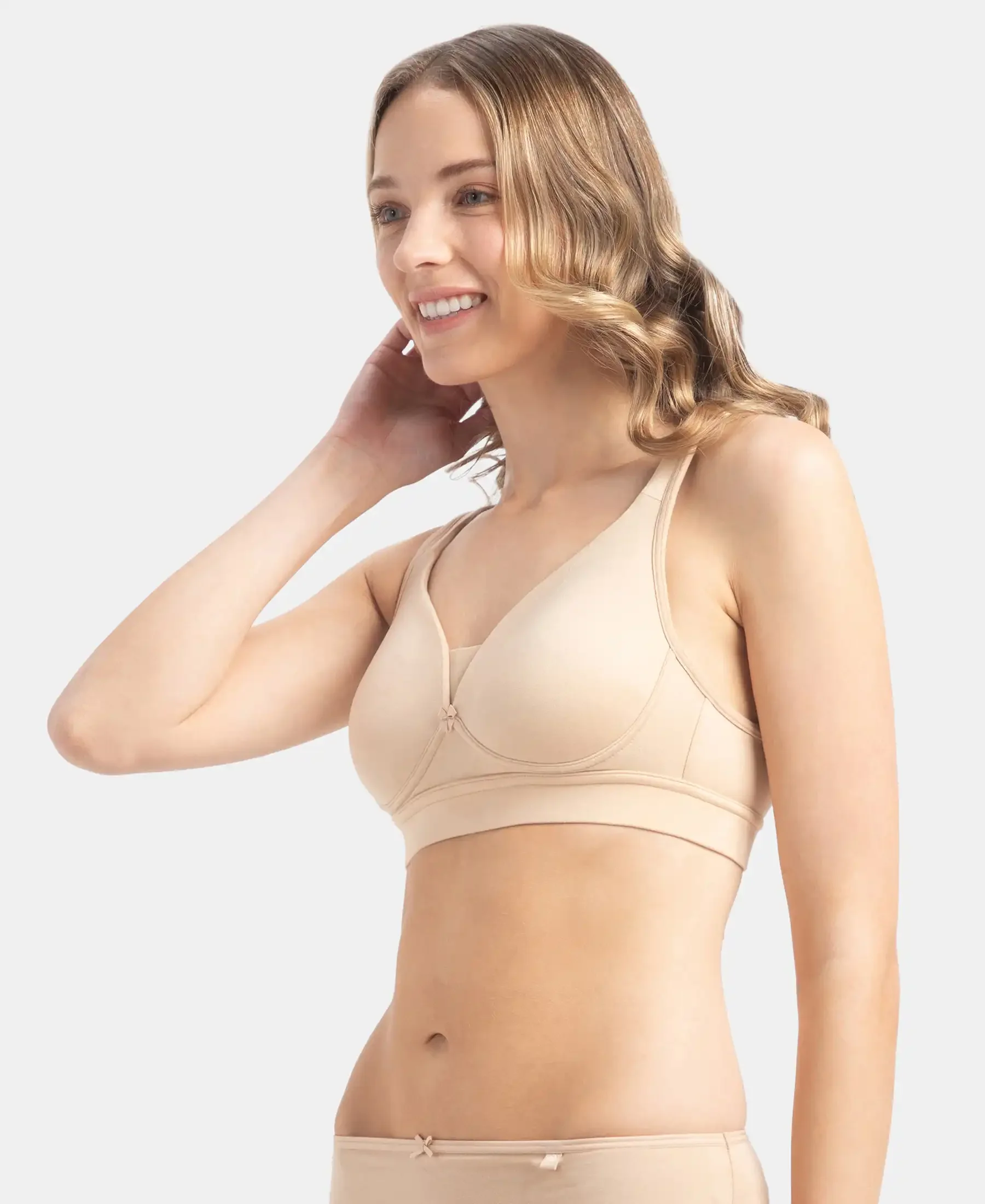 Wirefree Padded Soft Touch Microfiber Elastane Stretch Full Coverage T-Shirt Bra with Longline Styling - Skin - Image 2