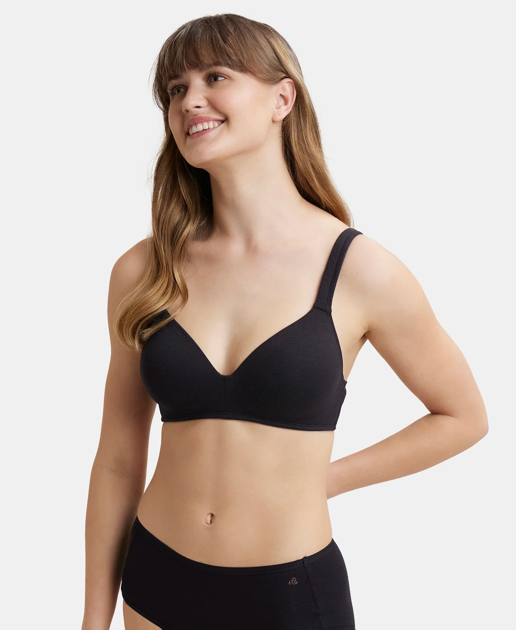 Wirefree Padded Super Combed Cotton Elastane Stretch Full Coverage Lounge Bra with Broad Cushioned Fabric Strap - Black