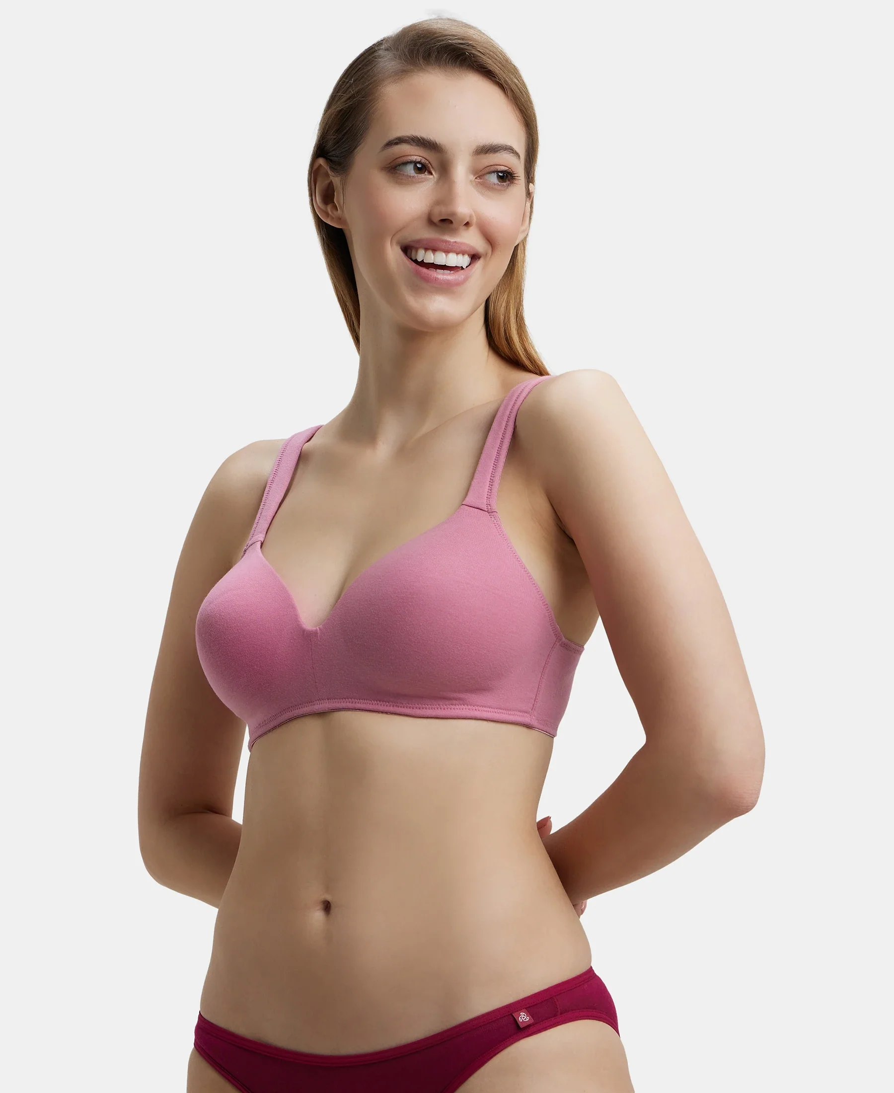 Wirefree Padded Super Combed Cotton Elastane Stretch Full Coverage Lounge Bra with Broad Cushioned Fabric Strap - Heather Rose - Image 5