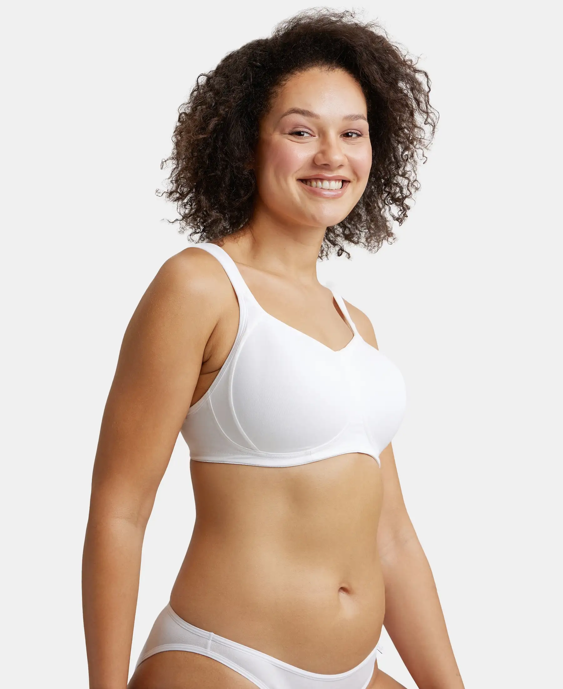 Wirefree Padded Super Combed Cotton Elastane Stretch Full Coverage Plus Size Bra with Broad Cushioned Fabric Strap - White - Image 2