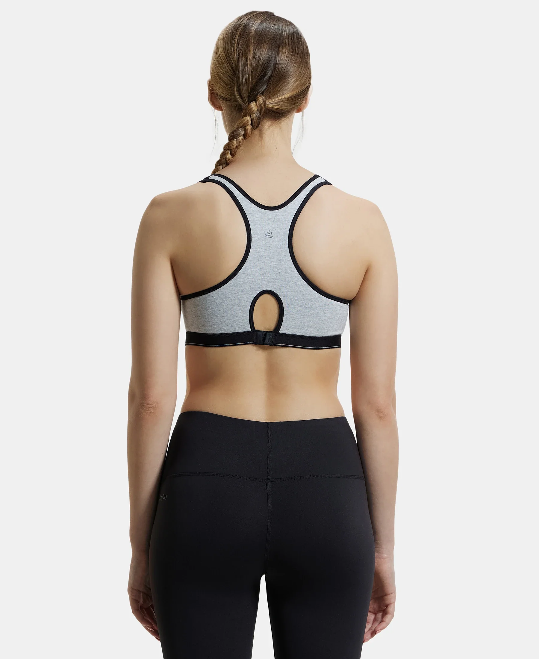 Wirefree Padded Super Combed Cotton Elastane Stretch Full Coverage Racerback Active Bra with StayFresh and Moisture Move Treatment - Steel Grey & Black - Image 3
