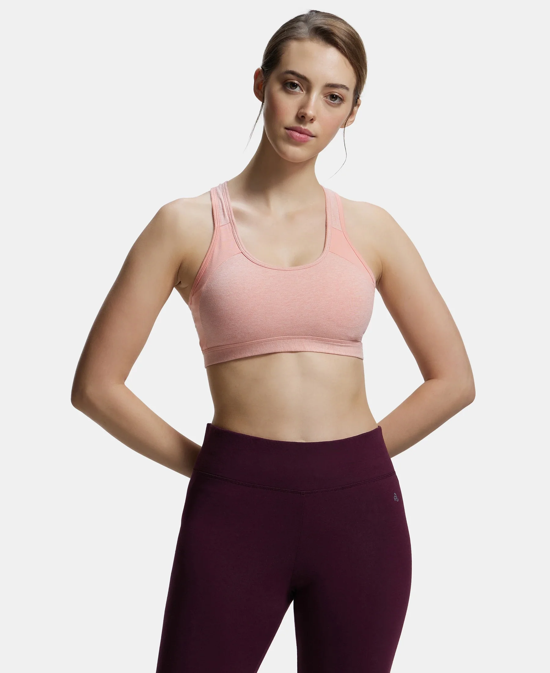Wirefree Padded Super Combed Cotton Elastane Stretch Full Coverage Racerback Styling Active Bra with StayFresh and Moisture Move Treatment - Desert Flower Melange & Coral