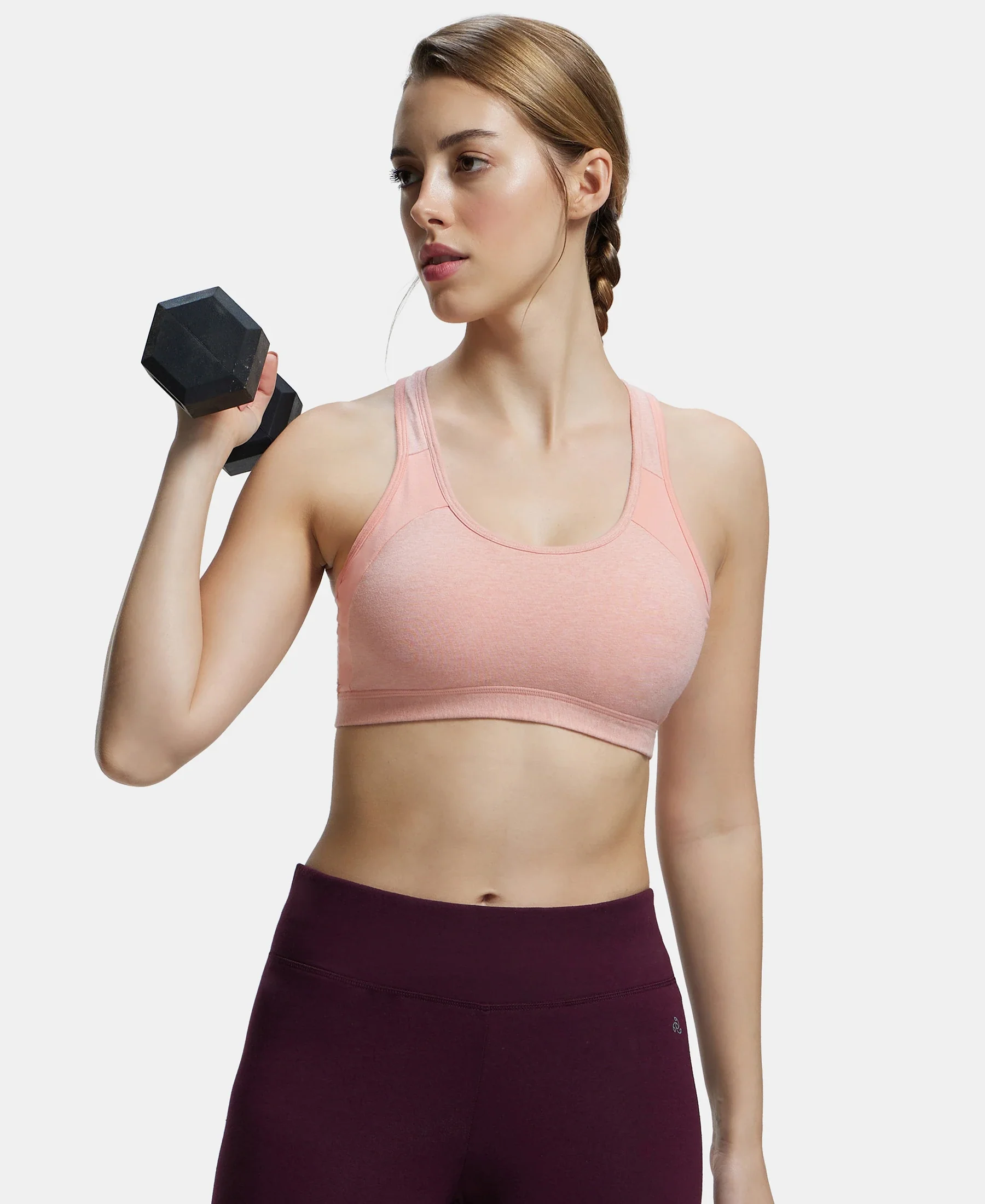Wirefree Padded Super Combed Cotton Elastane Stretch Full Coverage Racerback Styling Active Bra with StayFresh and Moisture Move Treatment - Desert Flower Melange & Coral - Image 5
