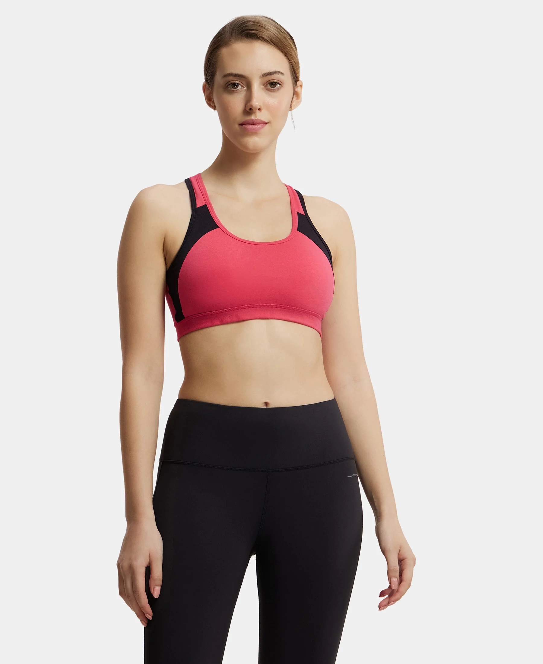 Wirefree Padded Super Combed Cotton Elastane Stretch Full Coverage Racerback Styling Active Bra with StayFresh and Moisture Move Treatment - Ruby & Black