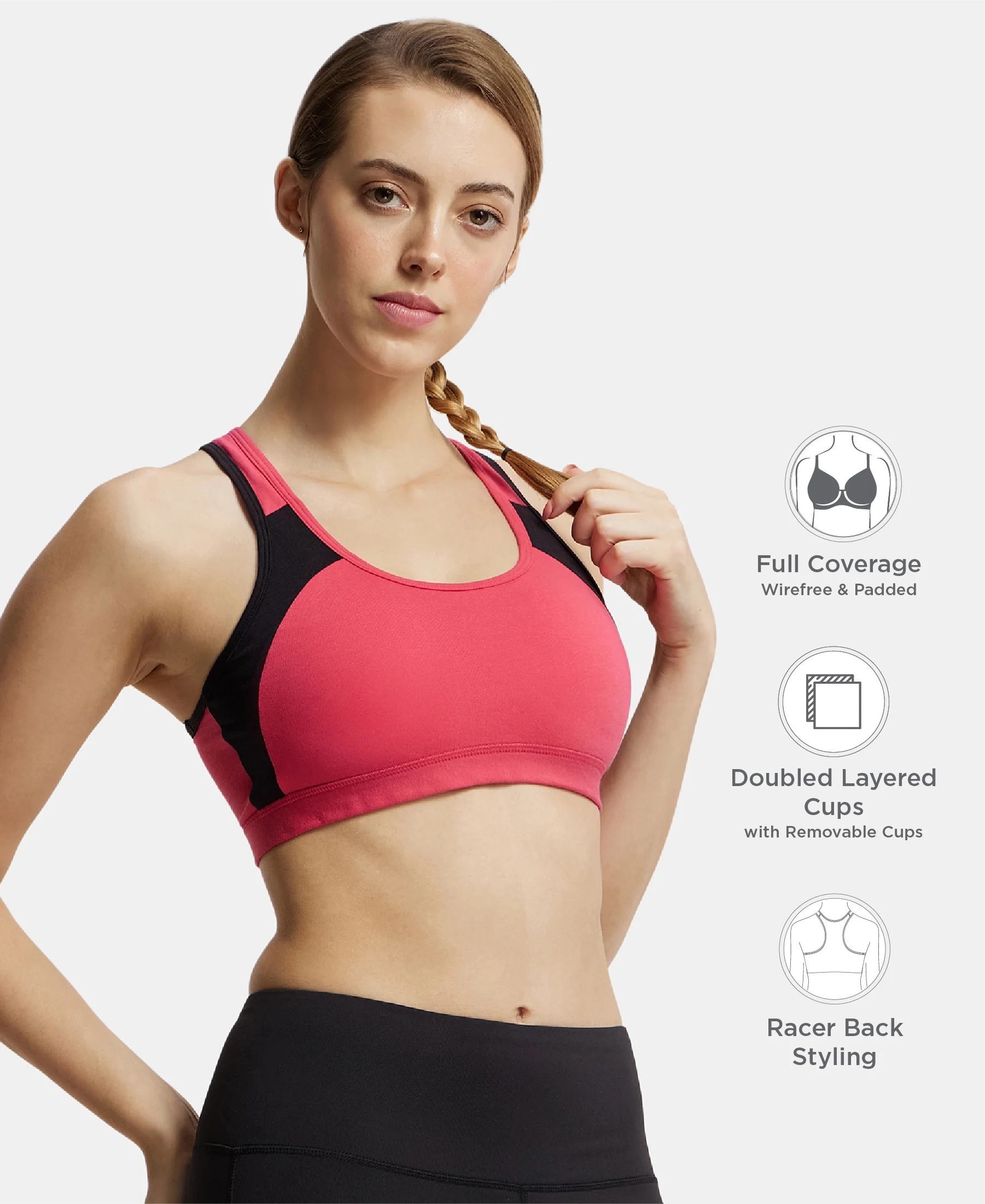 Wirefree Padded Super Combed Cotton Elastane Stretch Full Coverage Racerback Styling Active Bra with StayFresh and Moisture Move Treatment - Ruby & Black - Image 2