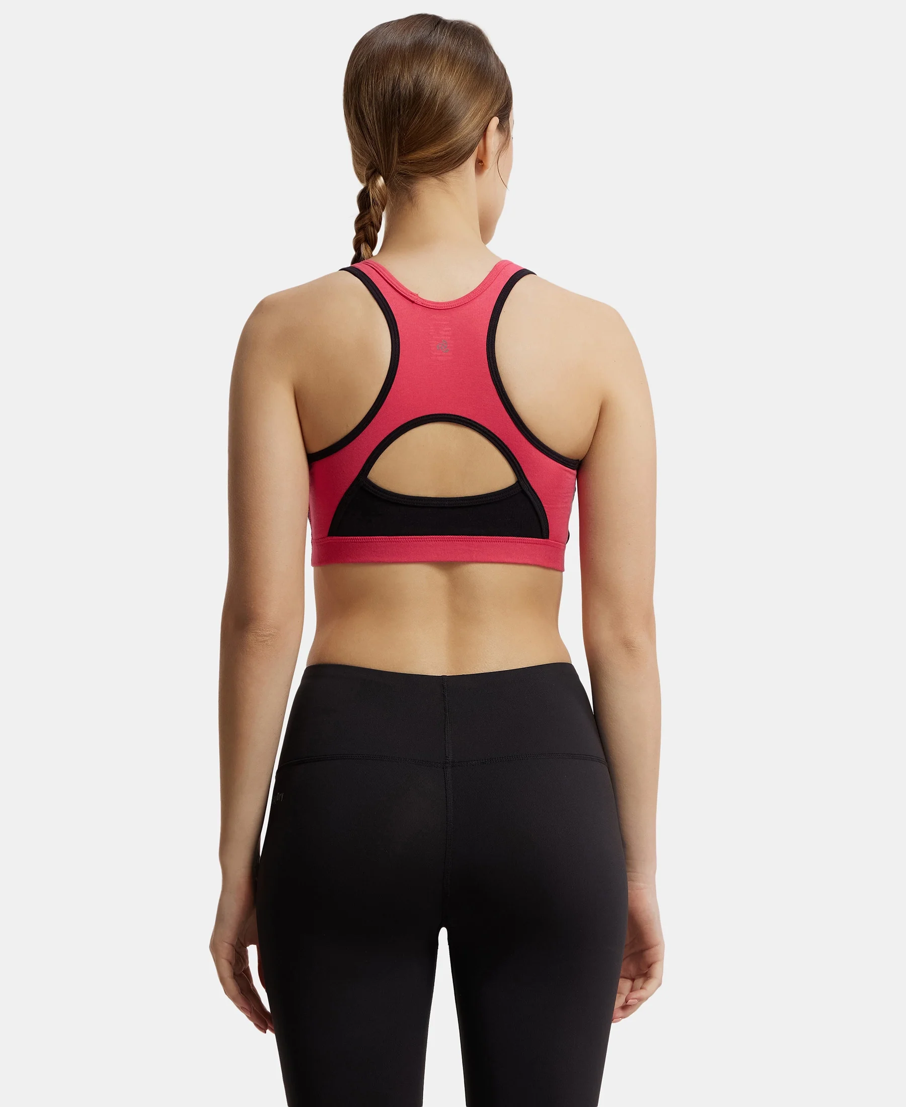 Wirefree Padded Super Combed Cotton Elastane Stretch Full Coverage Racerback Styling Active Bra with StayFresh and Moisture Move Treatment - Ruby & Black - Image 3